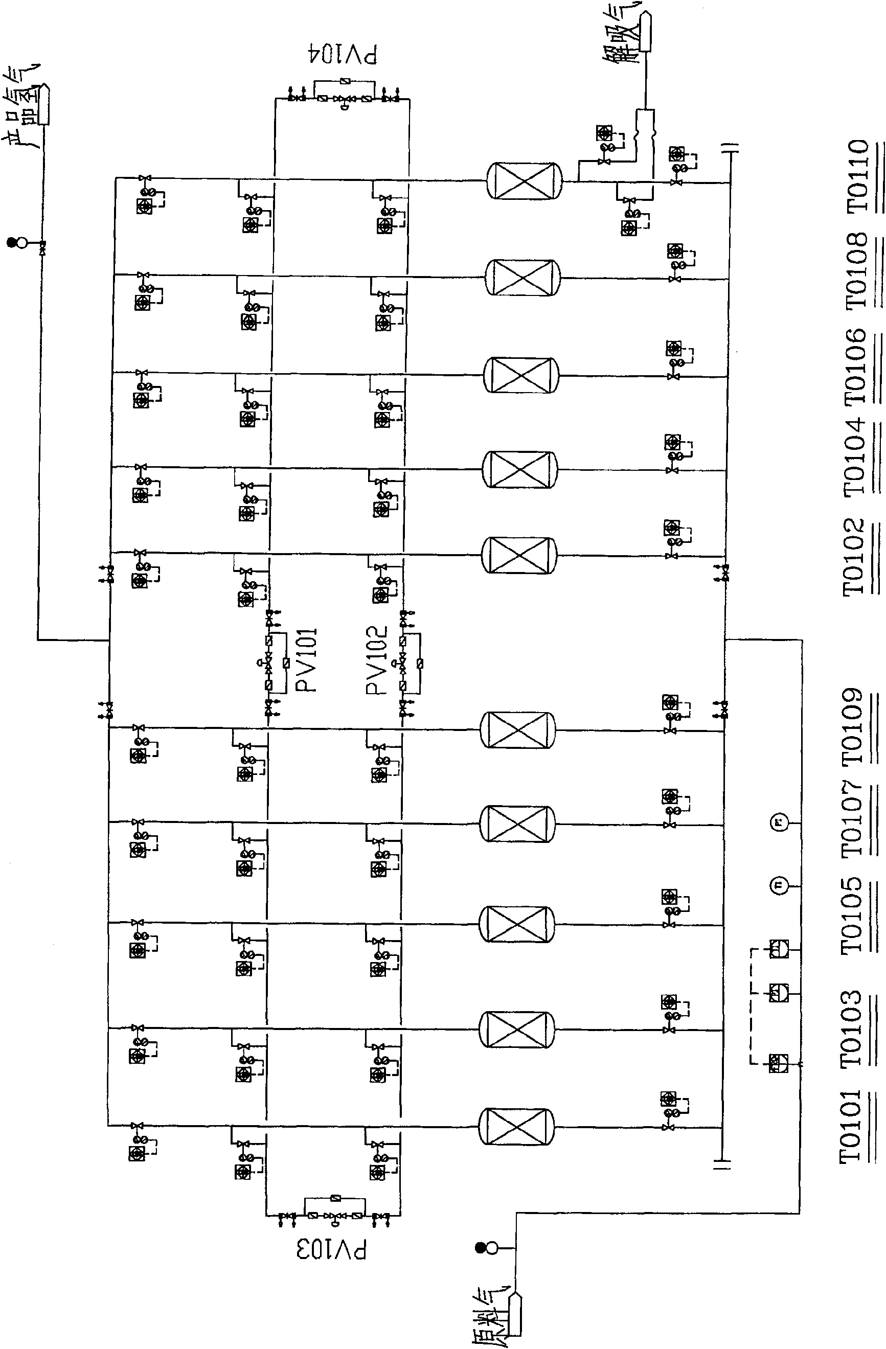 Multiple placing in turn interleaving flushing pressure variable adsorption technique