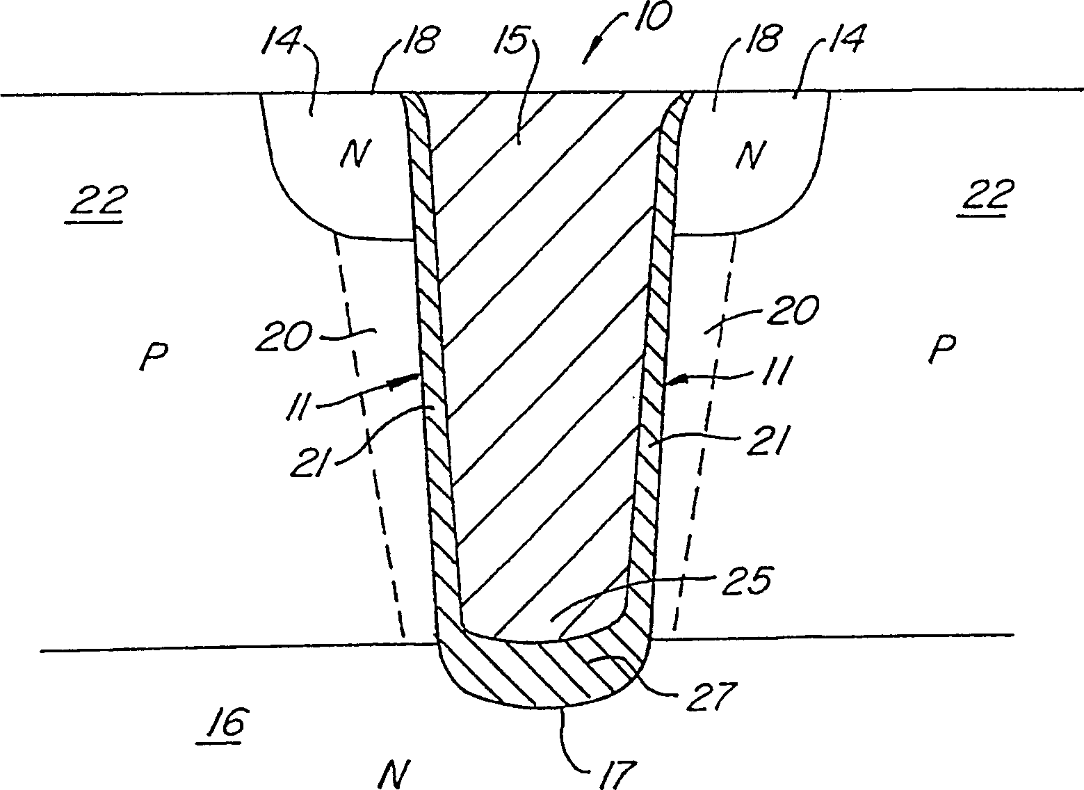 Thick oxide layer on botton of trench structure in silicon