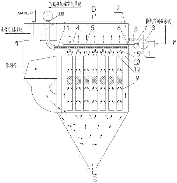 Ammonia-spraying mixing system utilizing external filtration type dust remover air purifying chamber structure