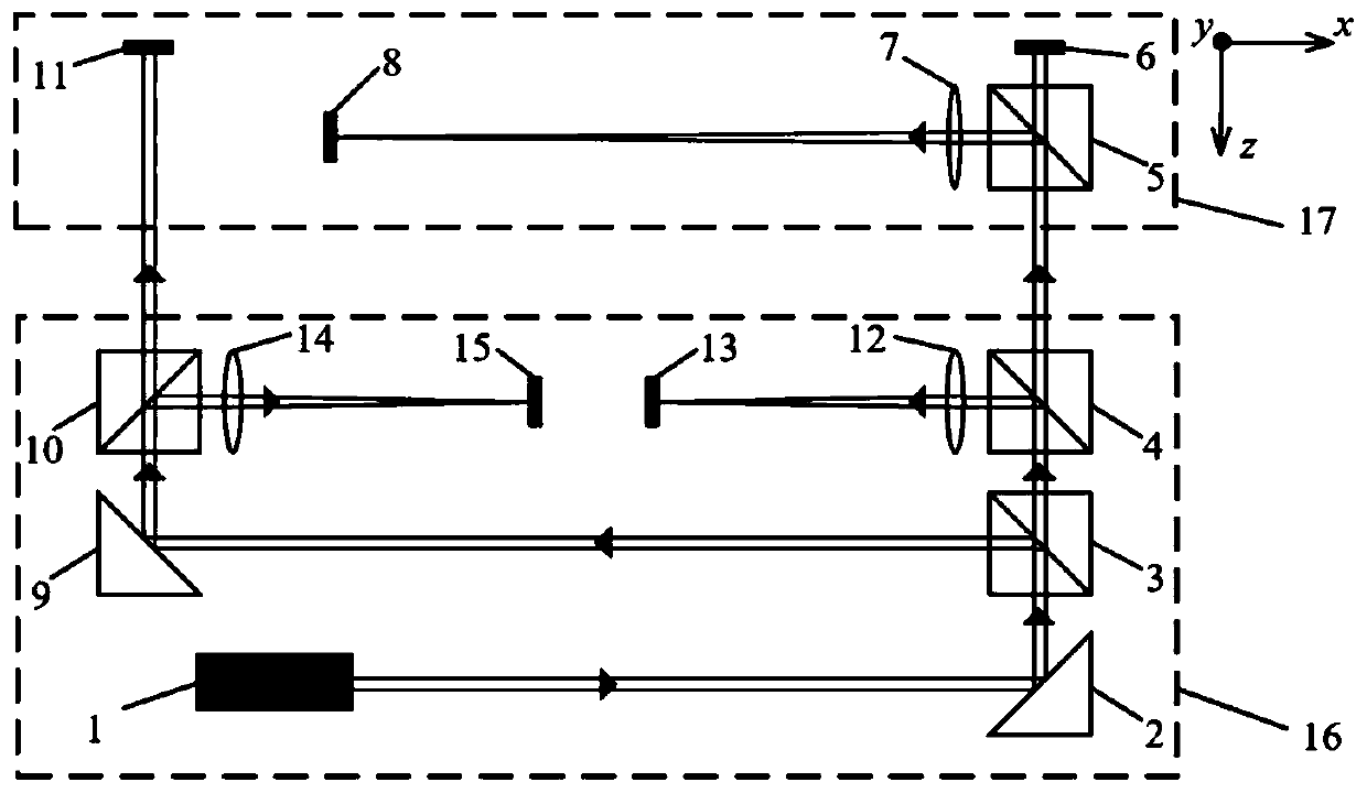 Transceiving split five-degree-of-freedom measuring device and method with optical path drift compensation