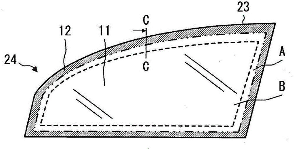 Laminated substrate for windows, framed laminated substrate for windows, vehicle comprising laminated substrate for windows, and intermediate layer structure for laminated substrate for windows