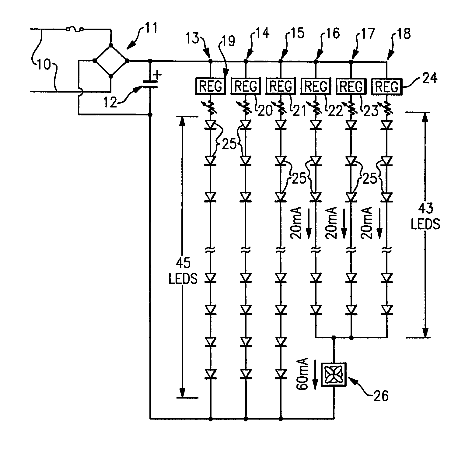 Lighting device circuit with series-connected solid state light emitters and current regulator