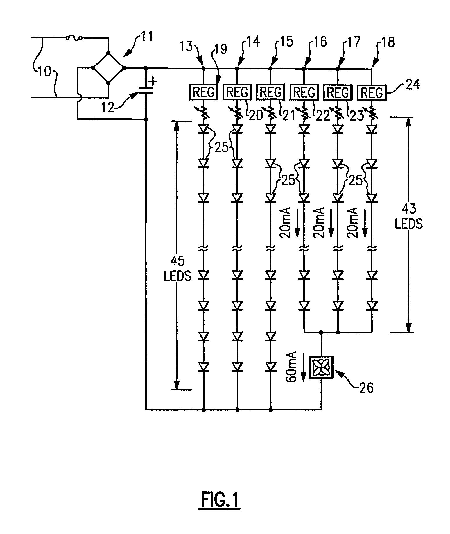 Lighting device circuit with series-connected solid state light emitters and current regulator