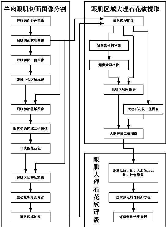 Image processing method used for segmenting and grading beef musculi oculi marbling