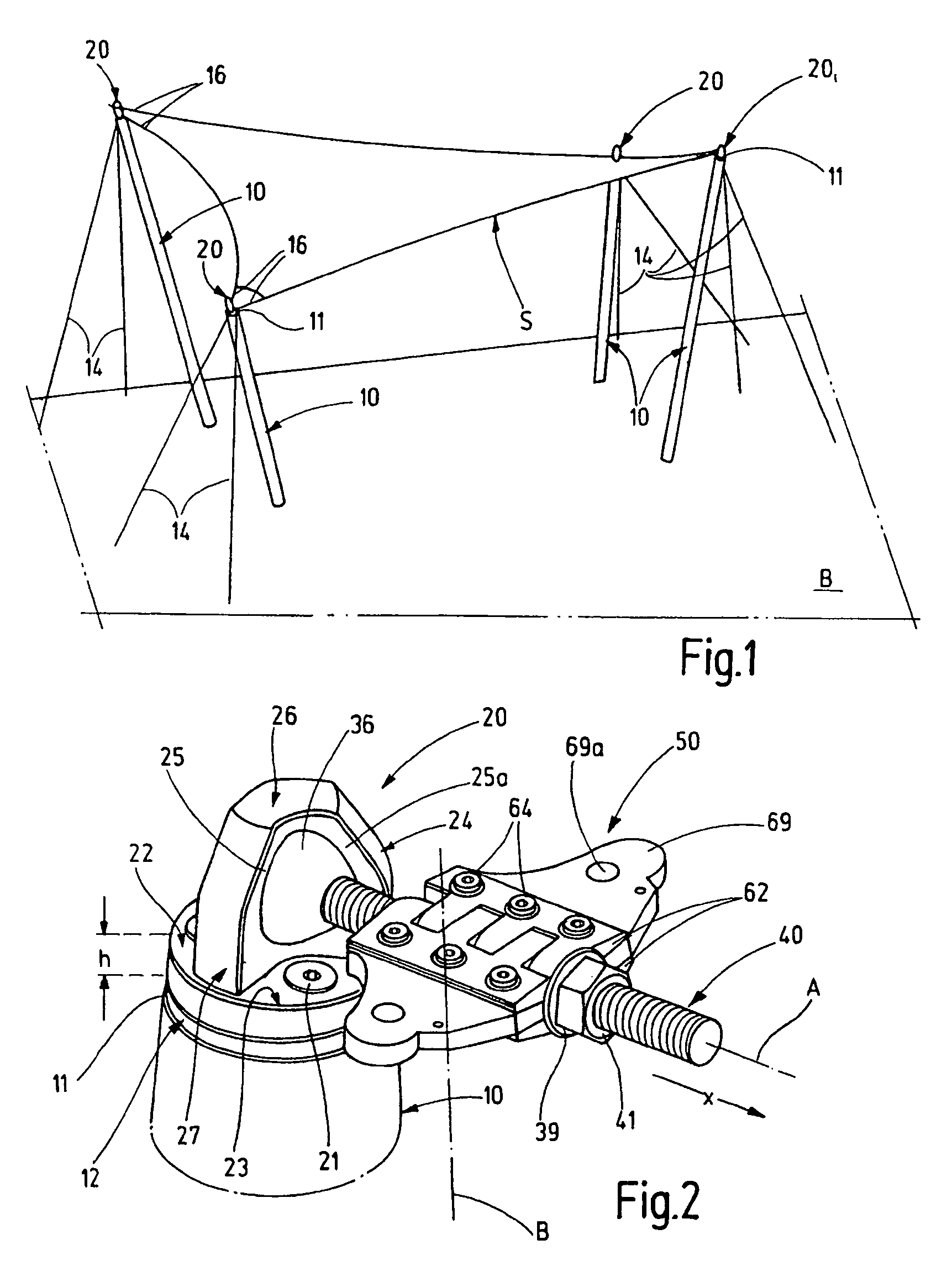 Load-absorbent device for introducing load forces such as cable forces or tensioning forces of sheet-like structures