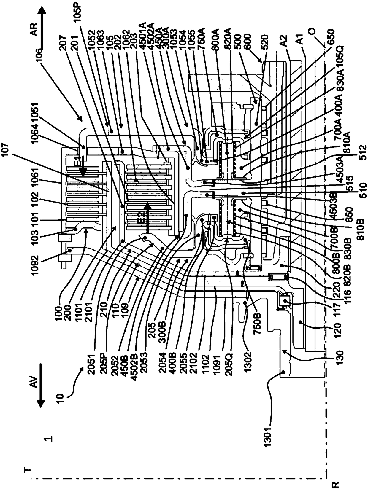 Compact double-clutch mechanism and transmission system comprising same