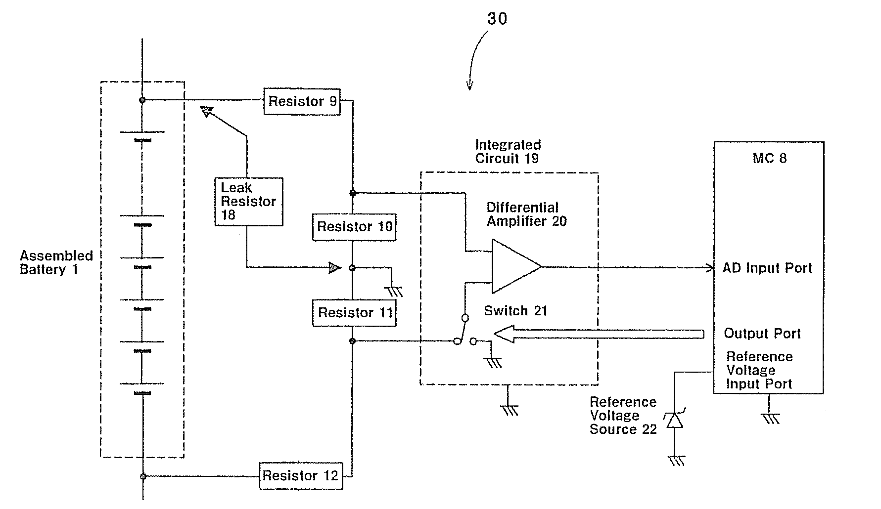 Assembled battery total voltage detection and leak detection apparatus