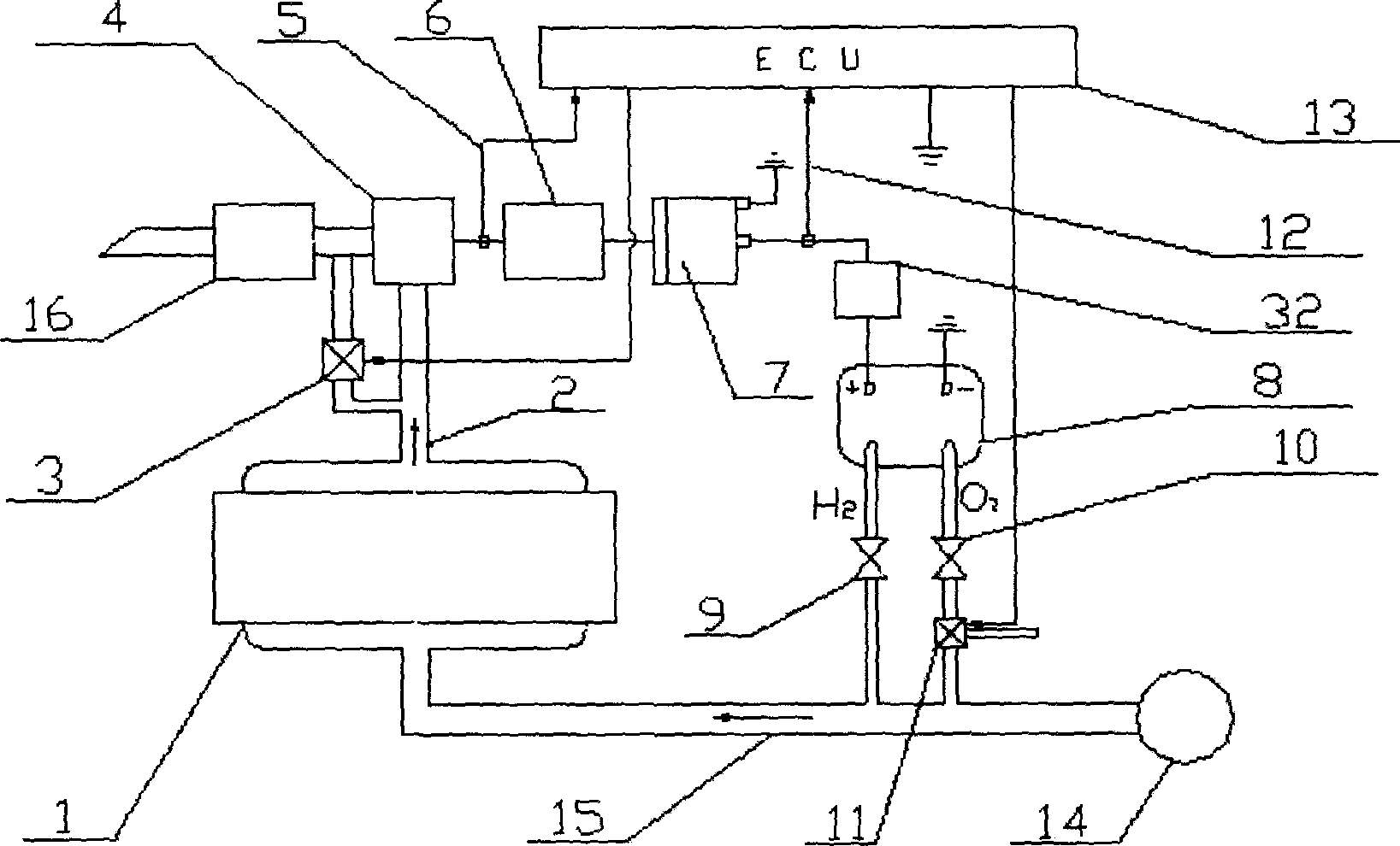 Power generating and hydrogen producing method and unit utilizing waste gas of internal combustion engine