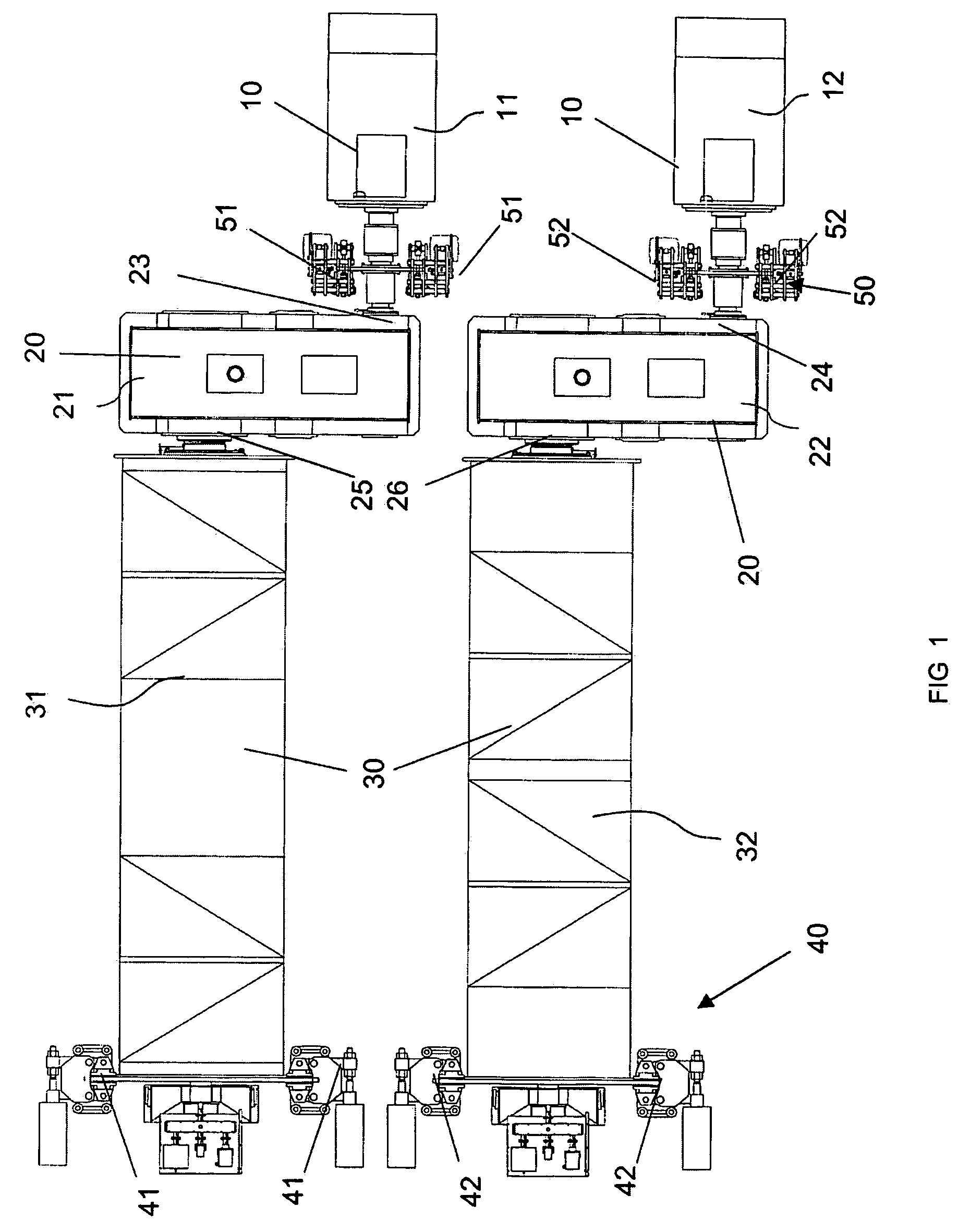 Twin lifting machinery for two 40 feet container shore crane