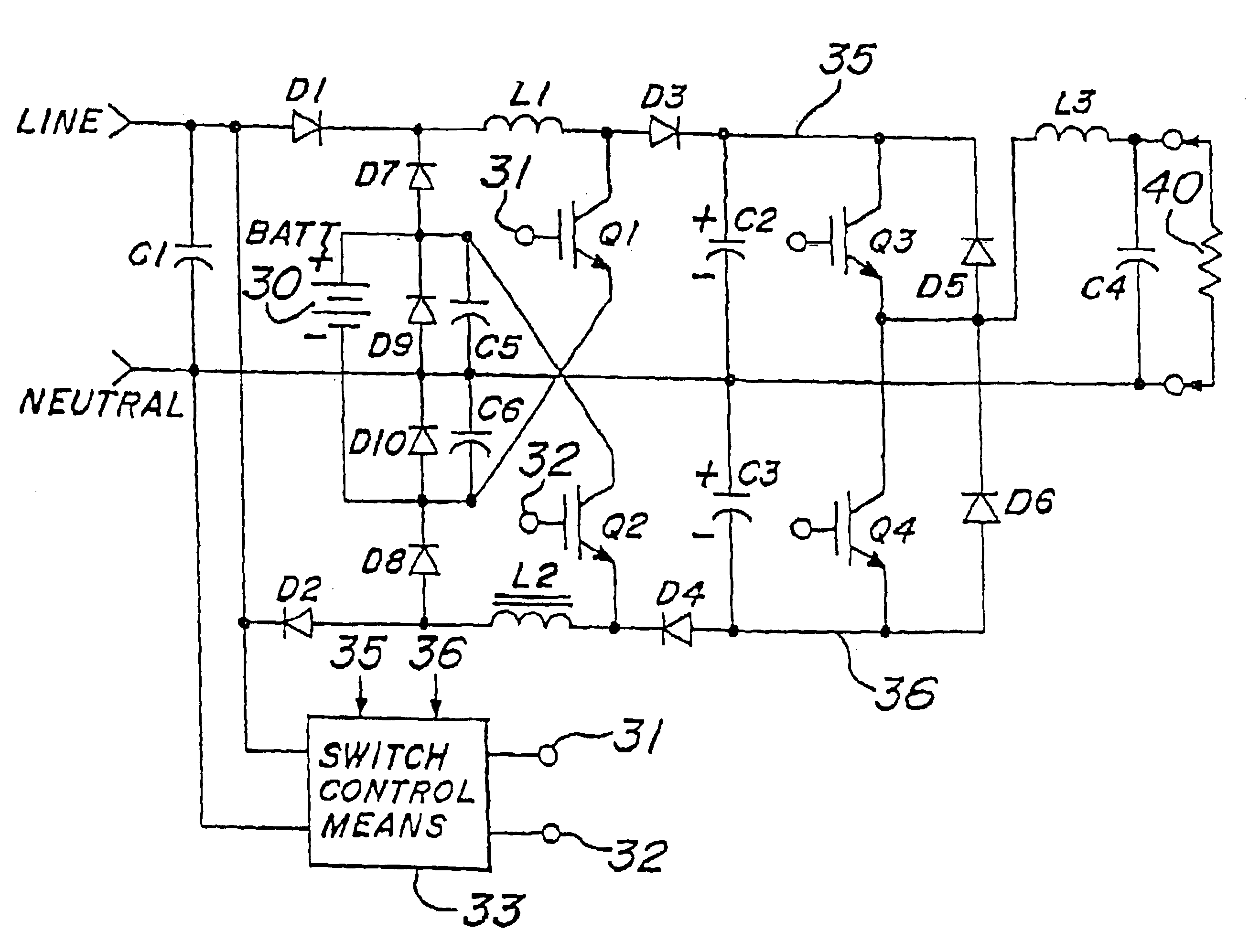 Power factor corrected UPS with improved connection of battery to neutral