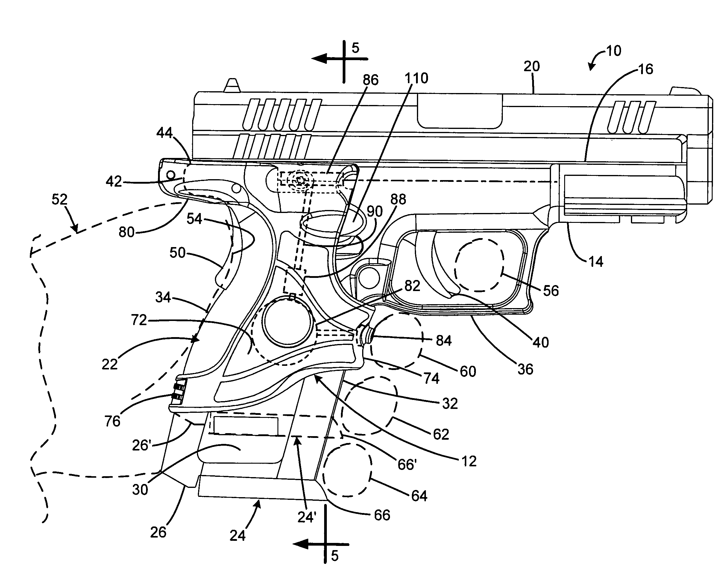 Laser gunsight system for a firearm handgrip