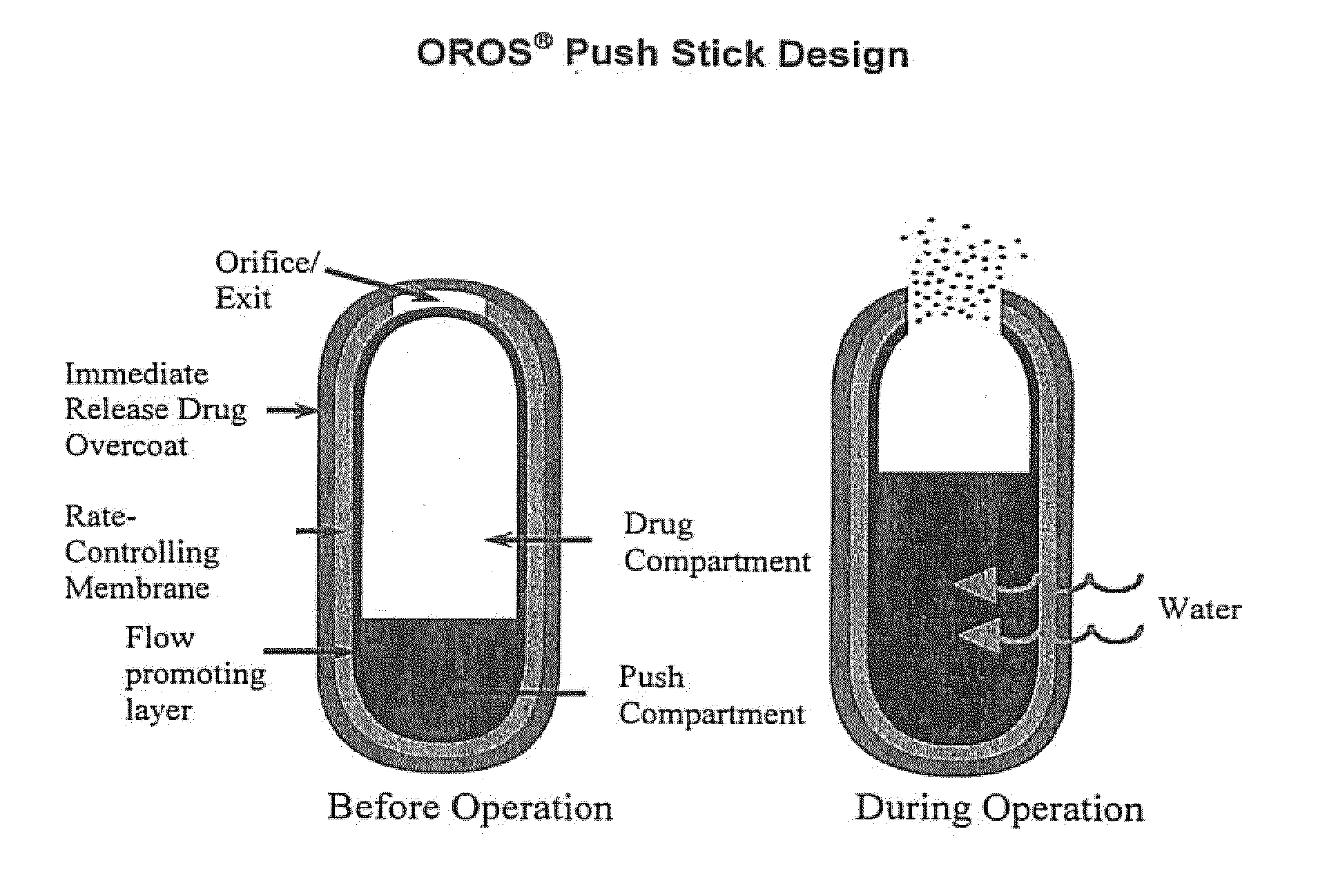 Oros push-stick for controlled delivery of active agents