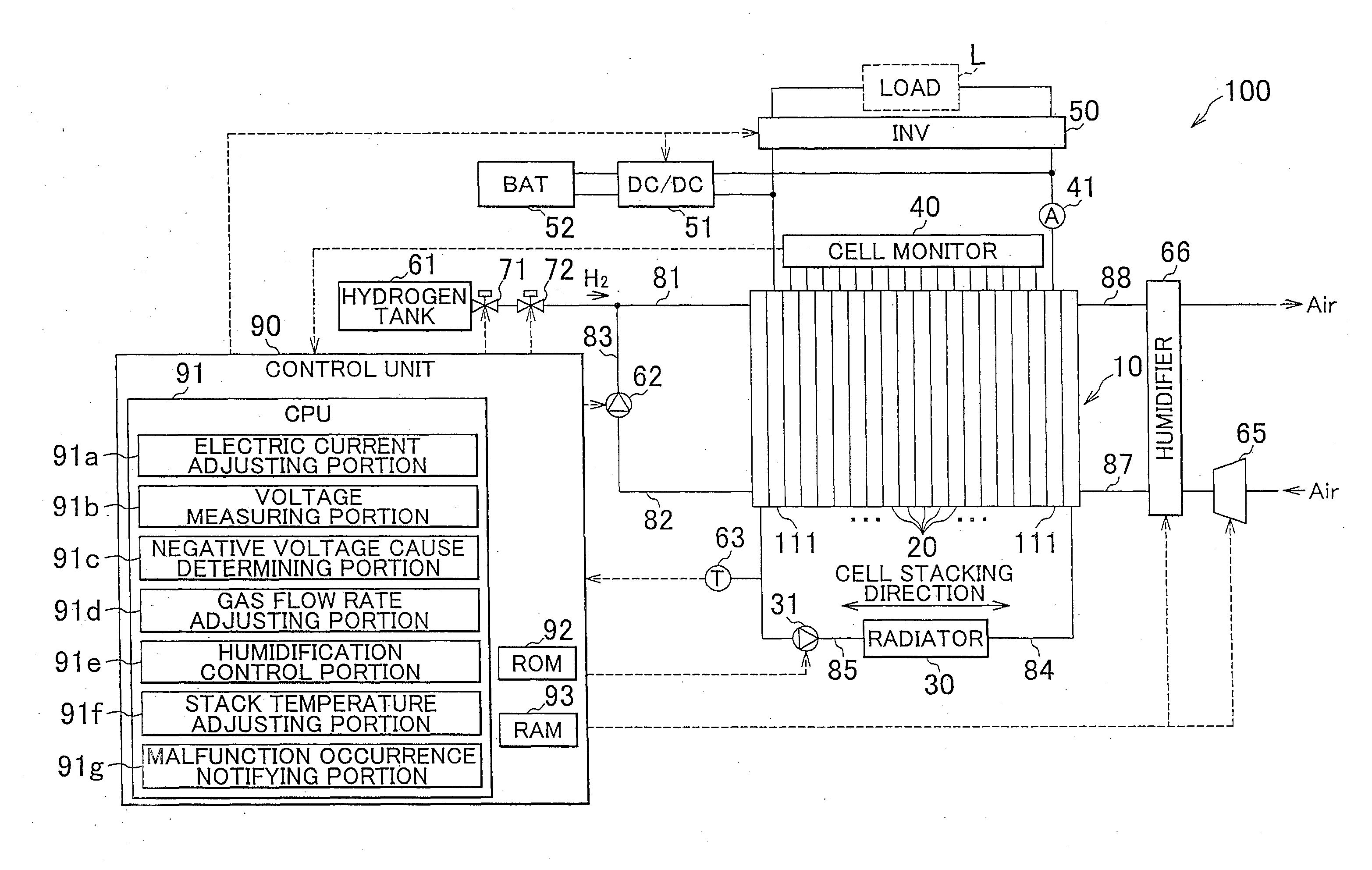 Fuel cell system, method and program of determining cause of negative voltage, and storage medium storing program