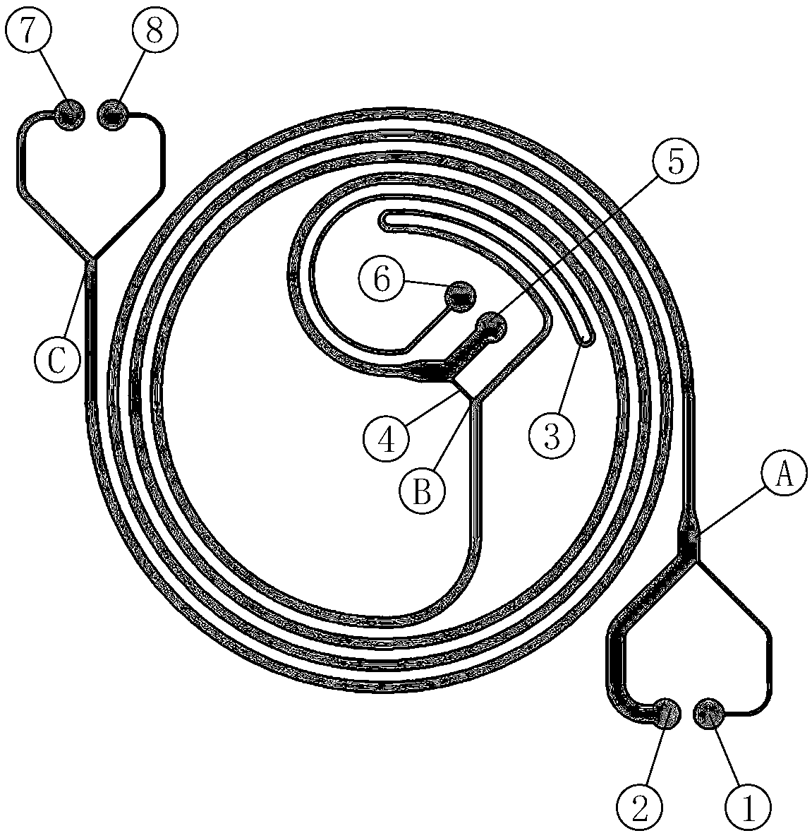 Spiral microchannel and use method thereof, and series-parallel installation structure