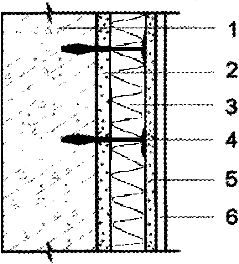 Outer heat insulating wall body for mechanically anchoring grid reinforcing rib mineral wool plate and construction process thereof