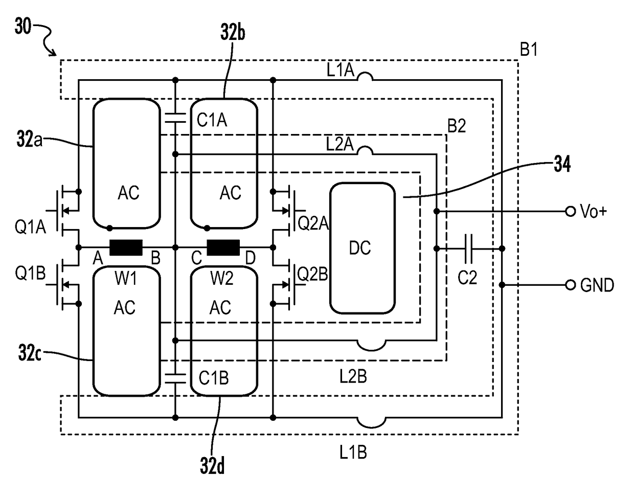 Power converter output stage using heat dissipating bus bars