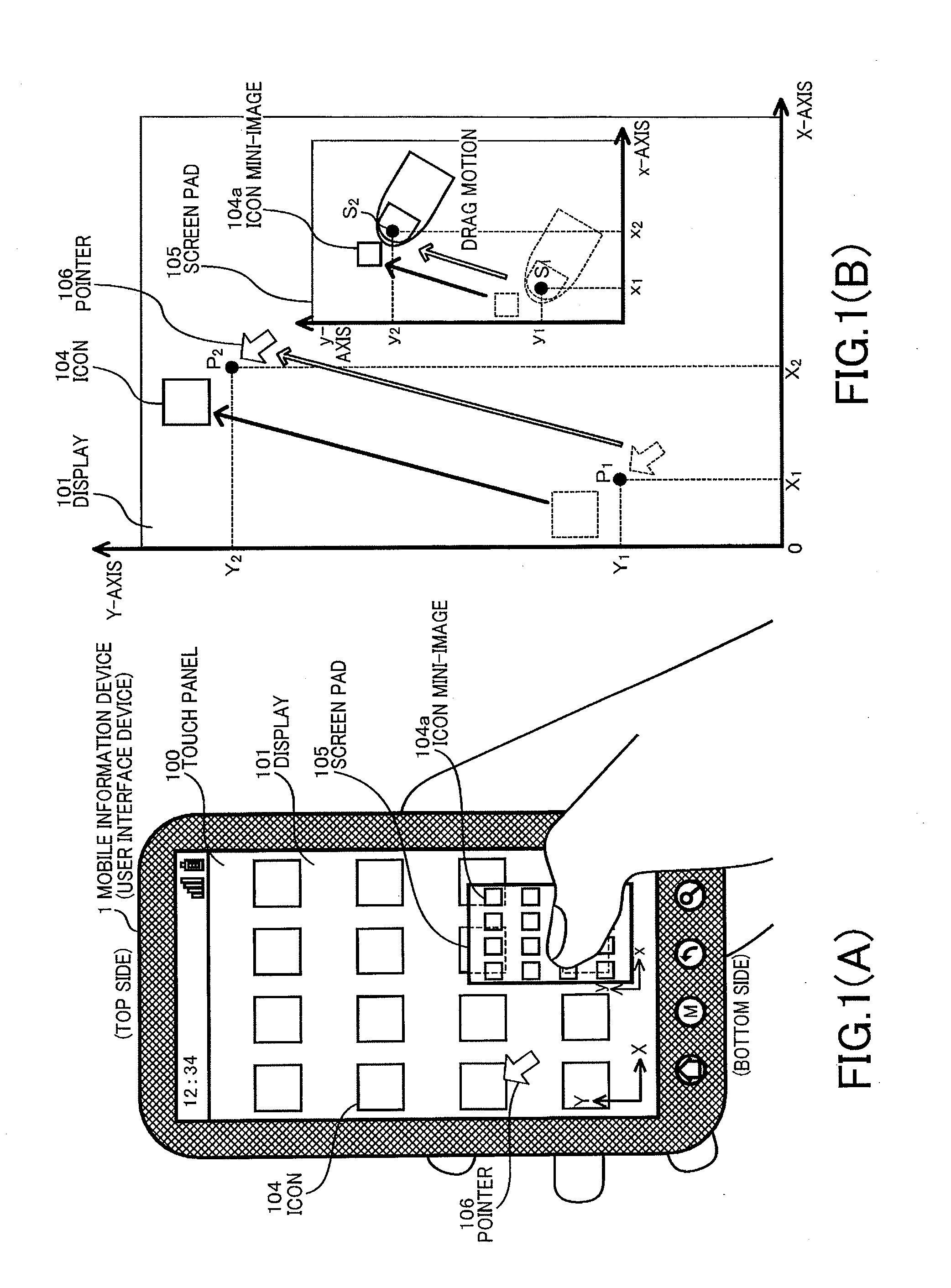 User interface device with touch pad enabling original image to be displayed in reduction within touch-input screen, and input-action processing method and program