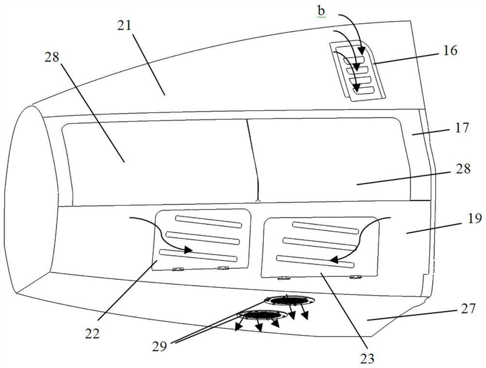 An avionics bay with a ventilation circuit