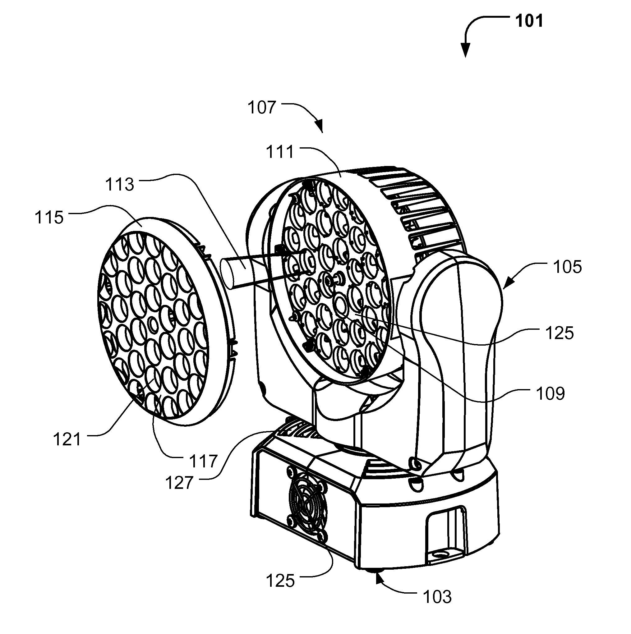 Moving Head Light Fixture With Protruding Diffuser Cover And Multiple Light Sources