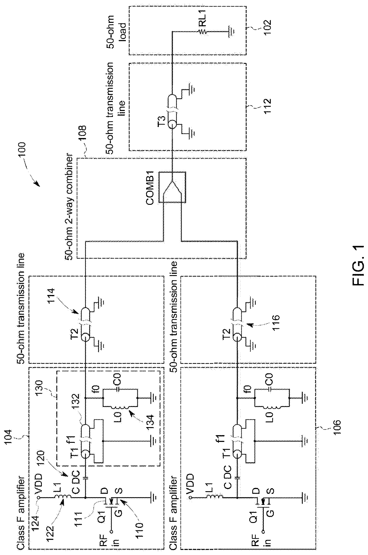 System and method for amplifying  and combining radiofrequency power