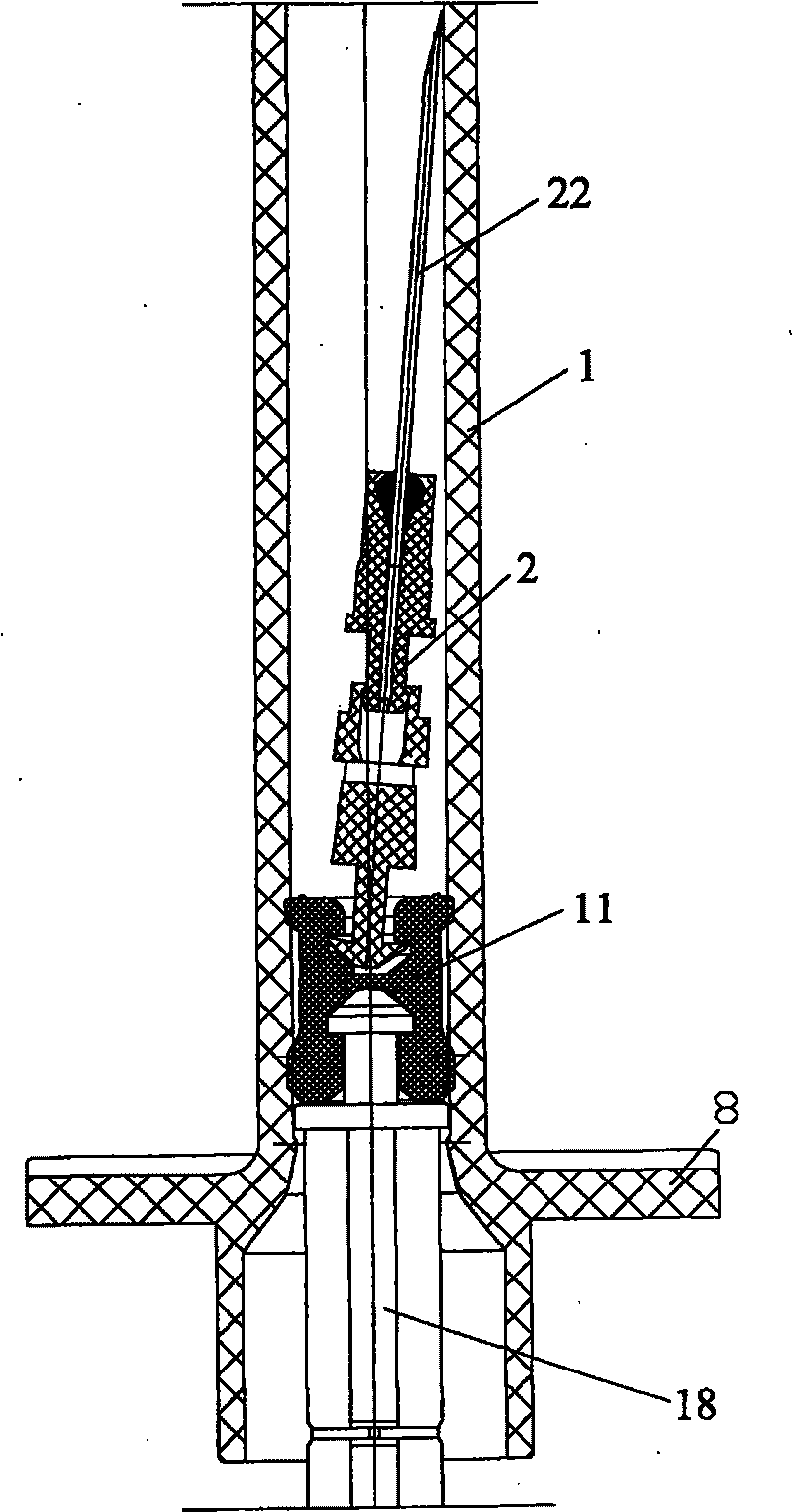 Safety injector with injection needle automatically deflecting when shrinking