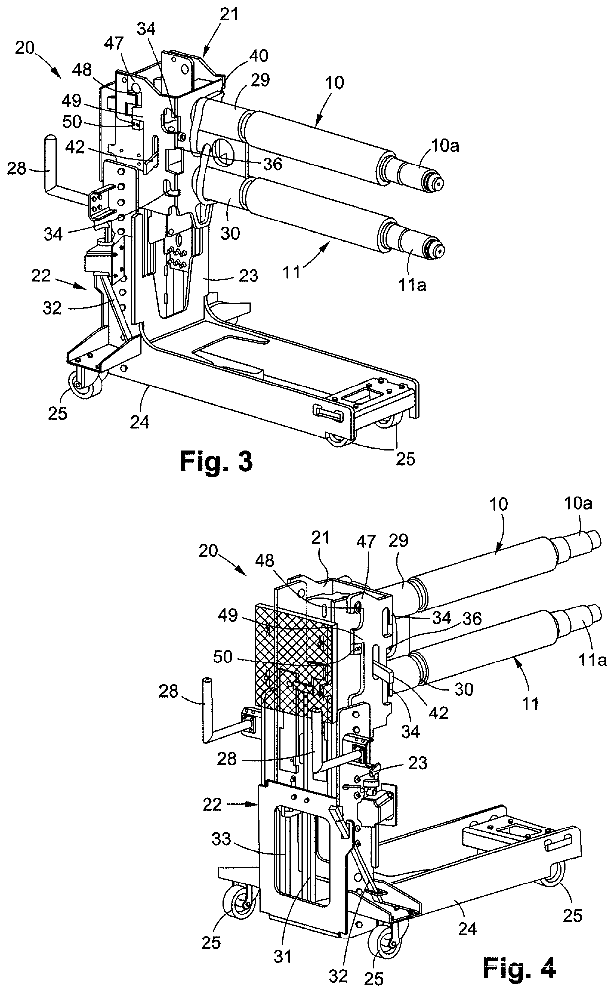 Tool-holder head, transport carriage and methods for mounting and removing a tool for a unit for converting a flat substrate