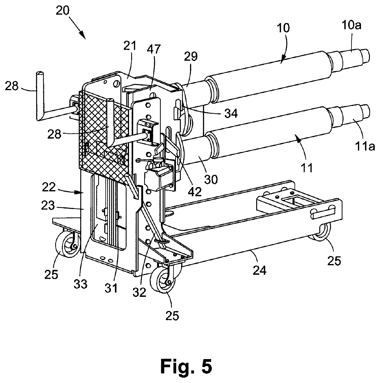 Tool-holder head, transport carriage and methods for mounting and removing a tool for a unit for converting a flat substrate