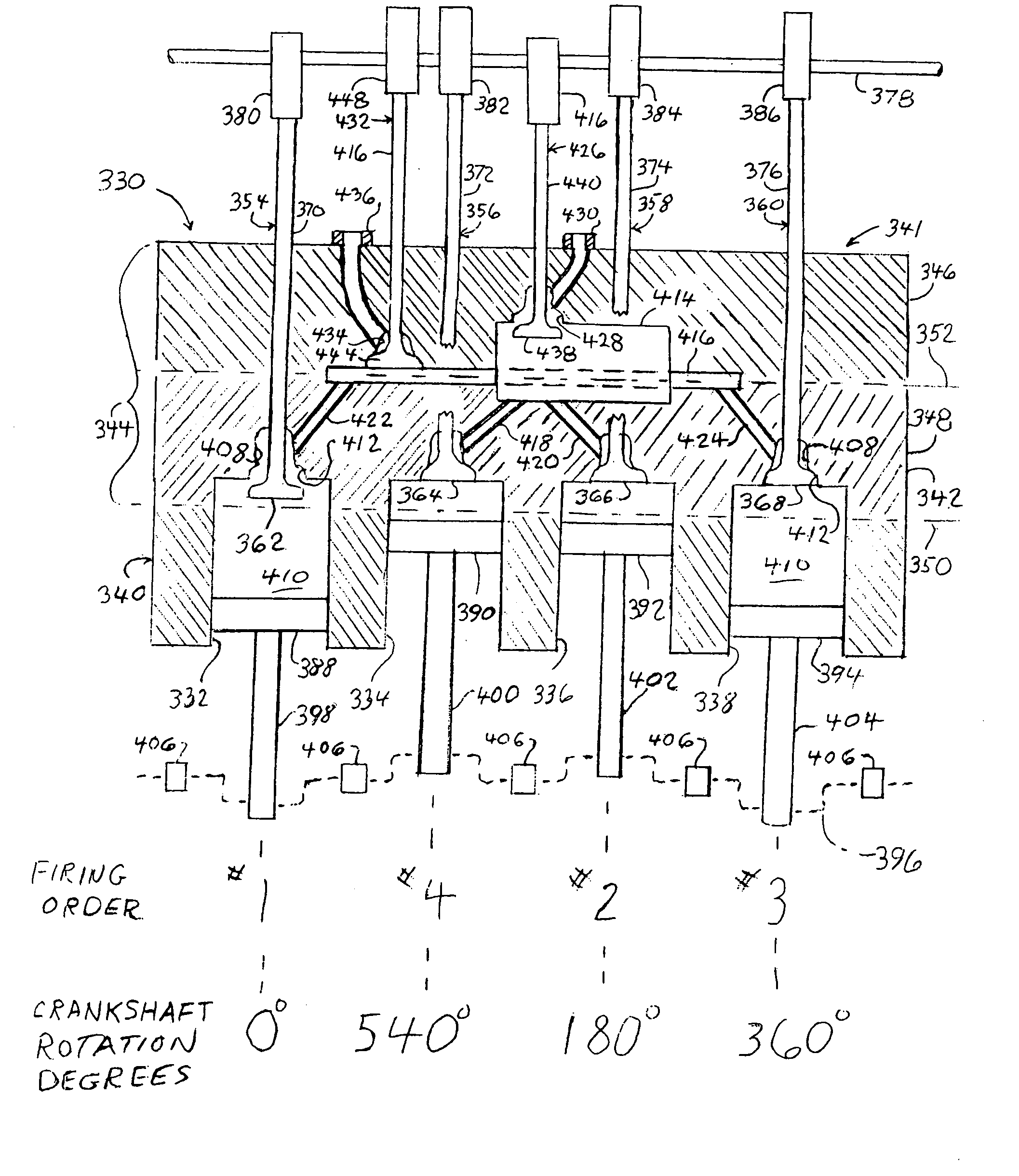 Internal combustion engine with shared holding tank in cylinder head for elevated expansion ratio