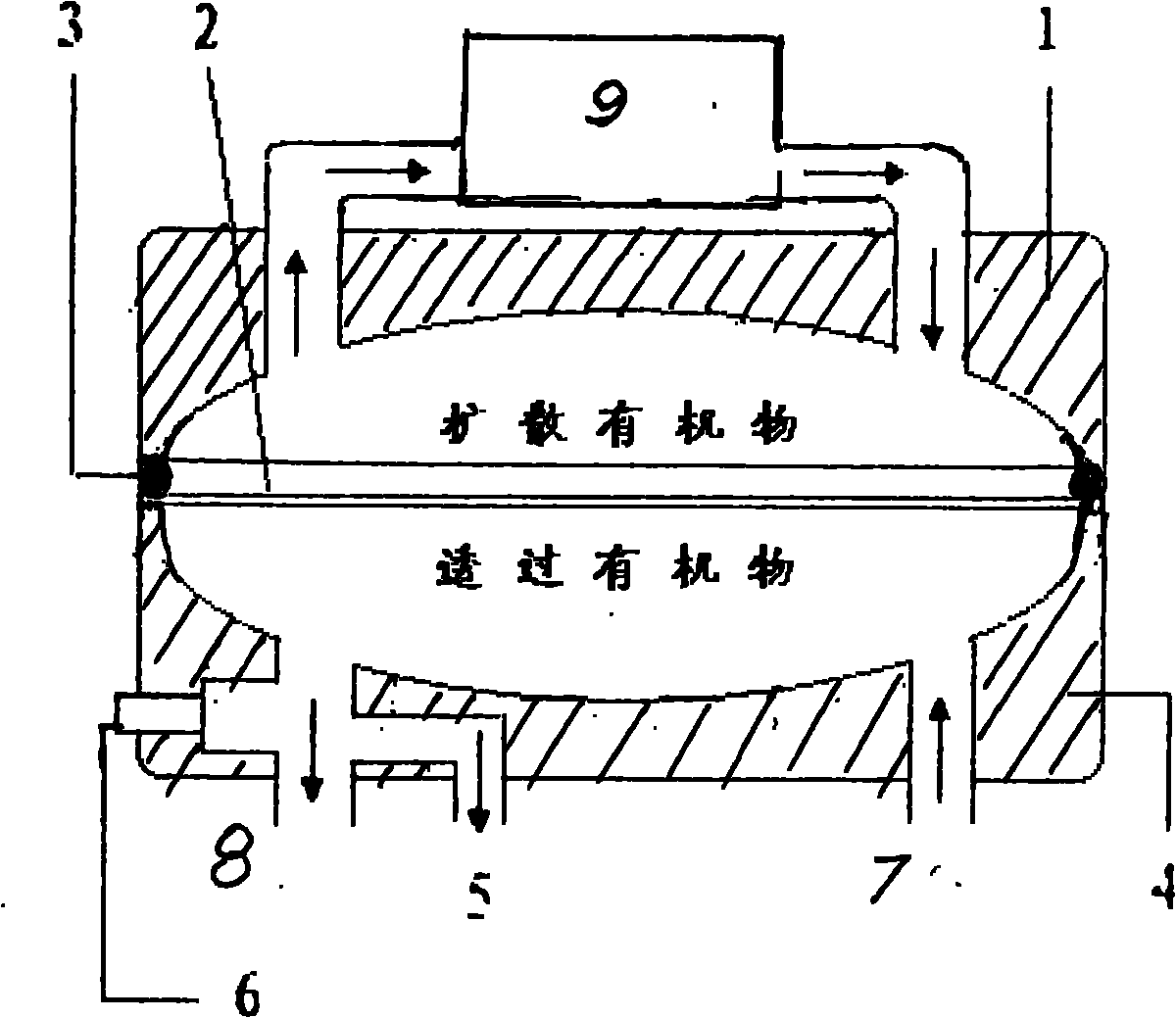 Device for detecting transmissivity of organic matter through plastic film