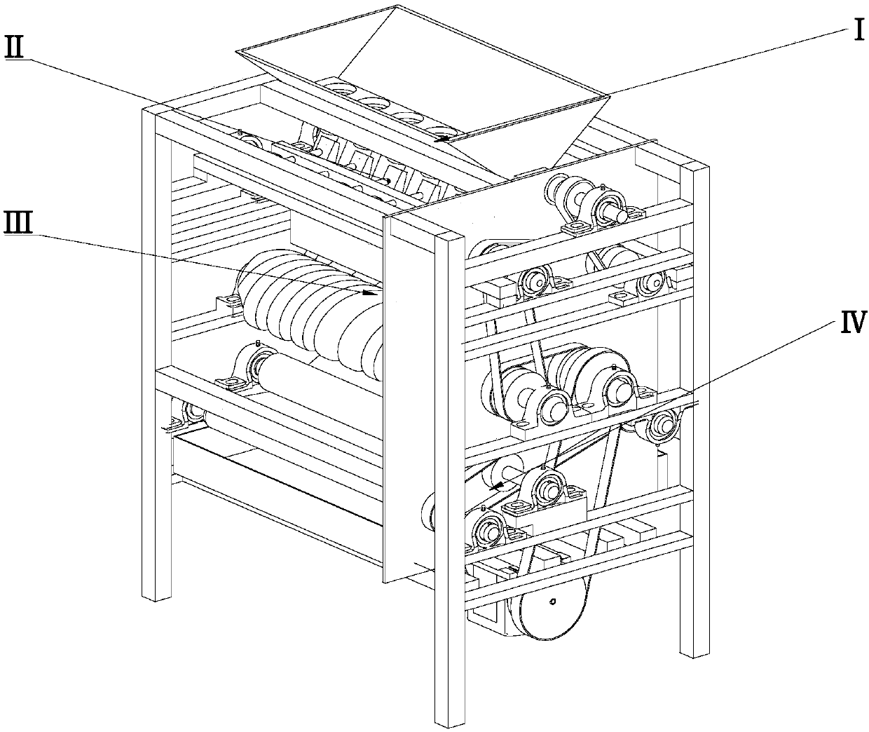 Self-positioning pre-shell breaking and co-directional spiral self-grading flexible extrusion walnut shell breaking and kernel extraction device