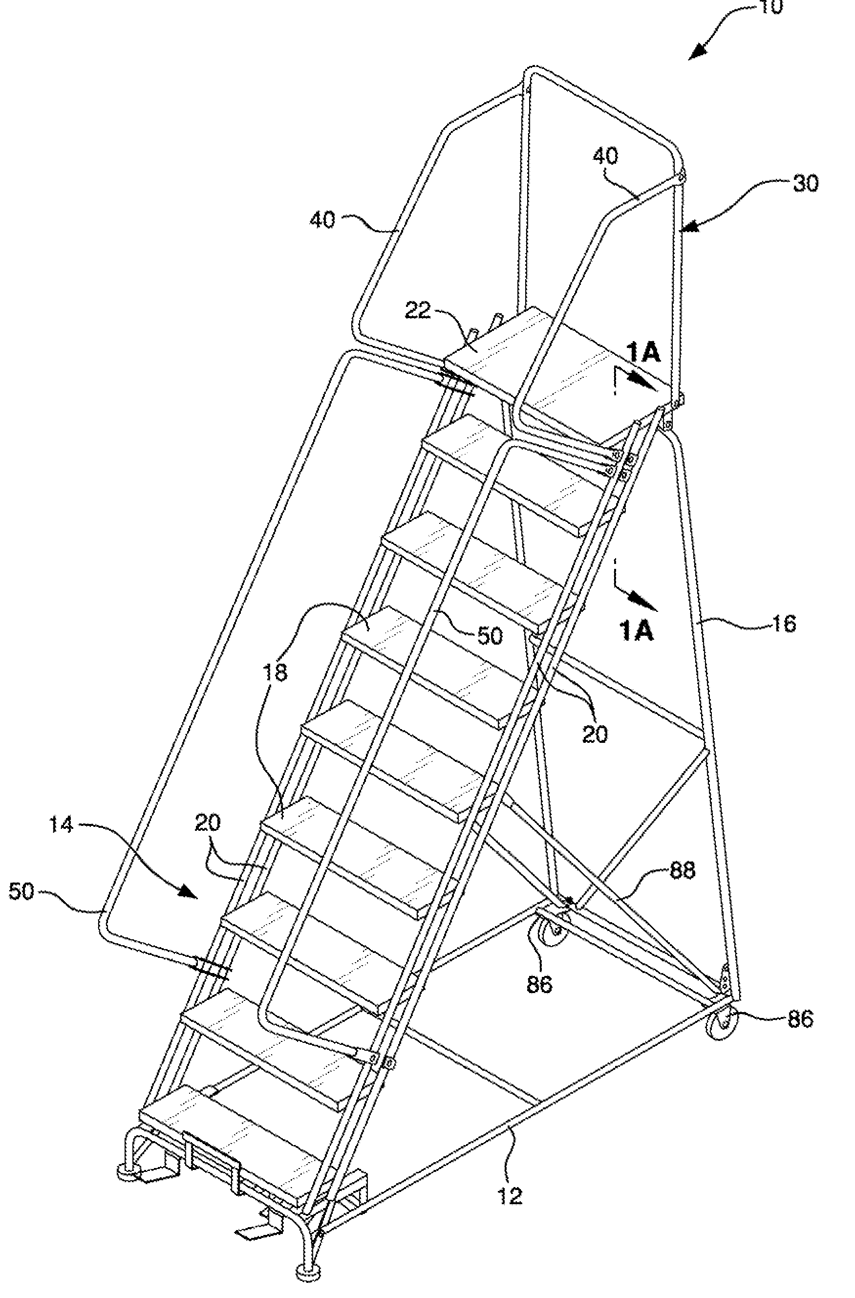 Ladder with removable step and method of storing the ladder in a compact container