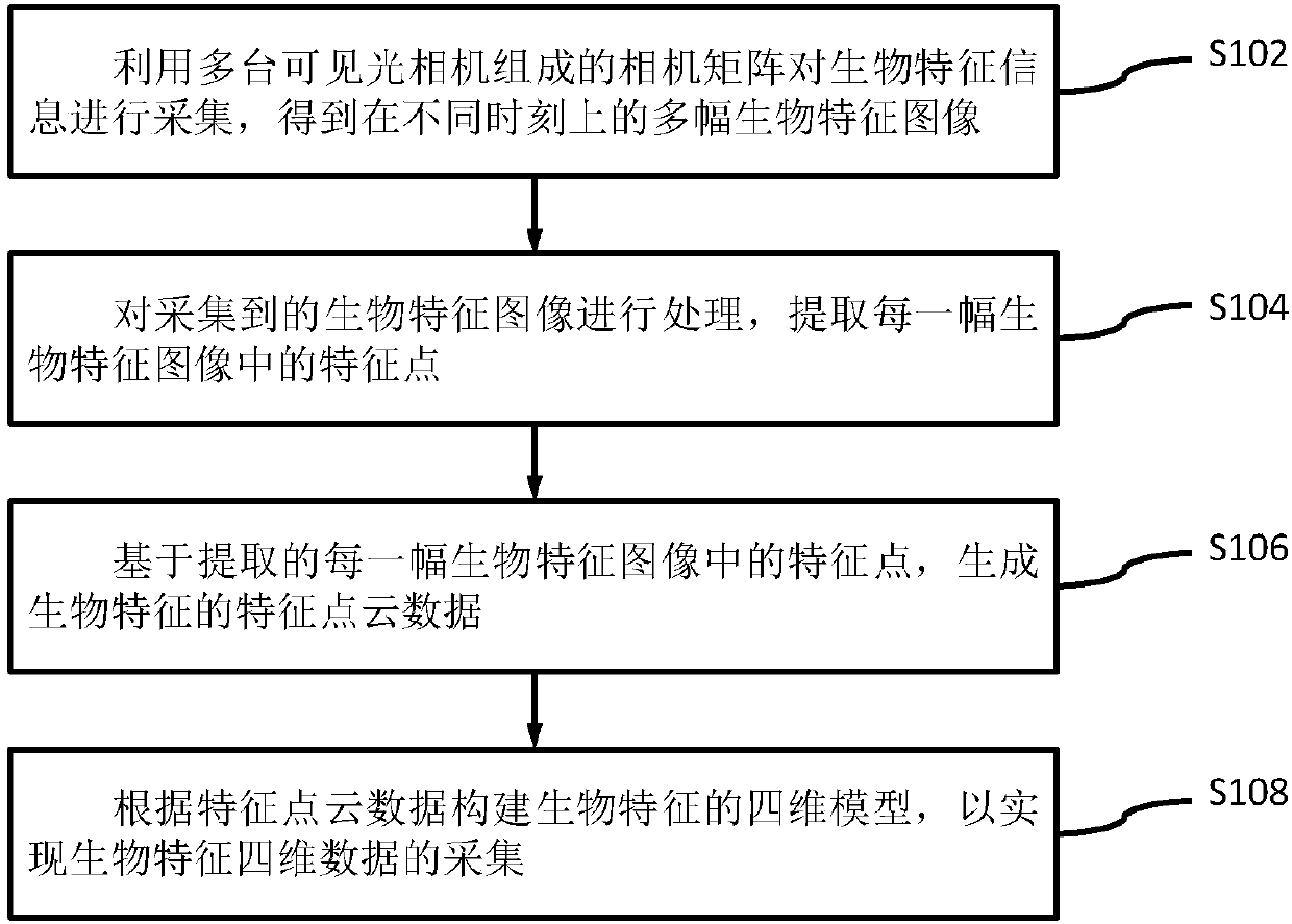 Method and system for biological feature four-dimensional data identification based on shooting of visible light