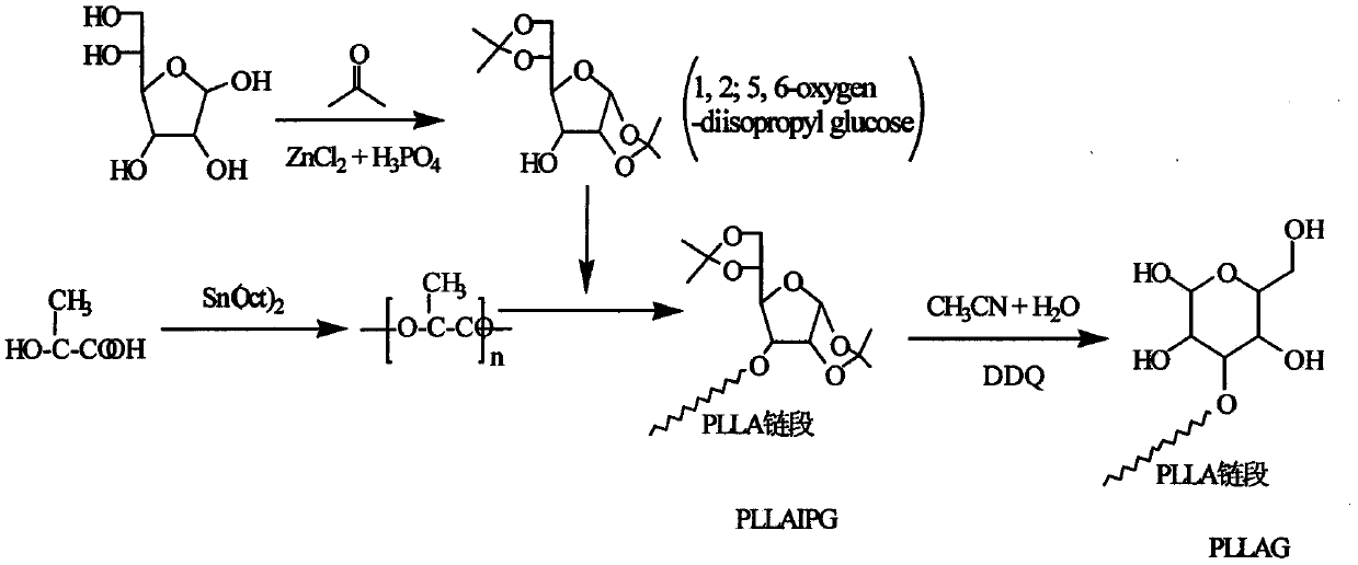 Glucose group-terminated poly(L-lactic acid) (PLLA) diblock copolymer material and preparation method thereof