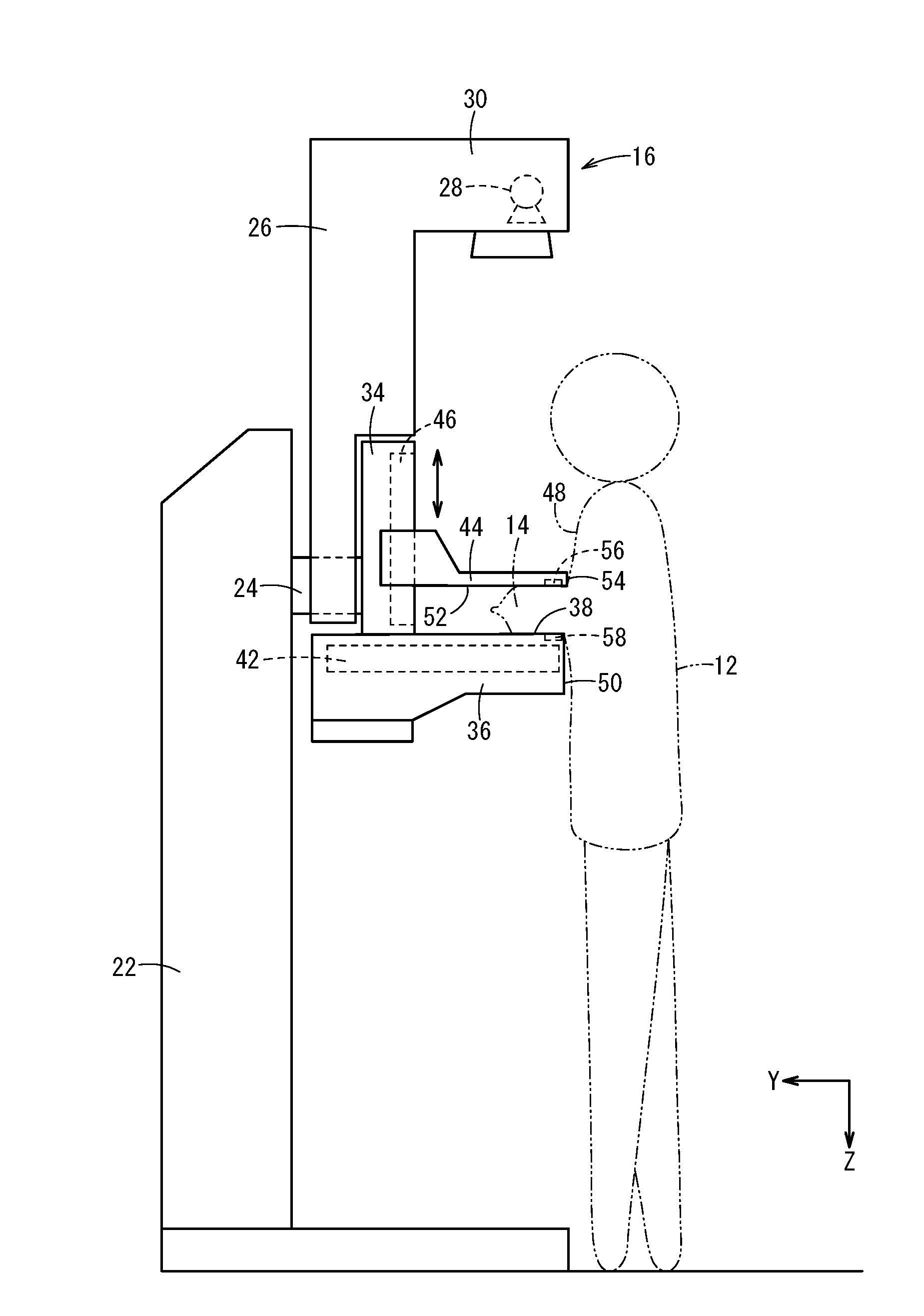 Breast thickness measurement device and breast thickness measurement method