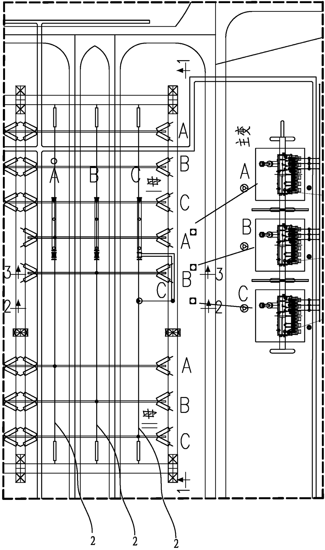 A power distribution device with main transformer low frame crossing