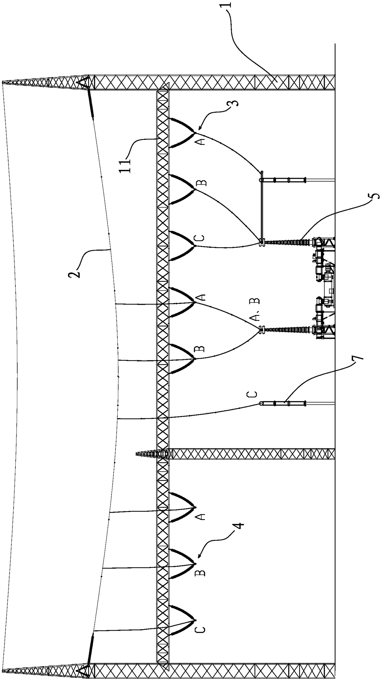 A power distribution device with main transformer low frame crossing