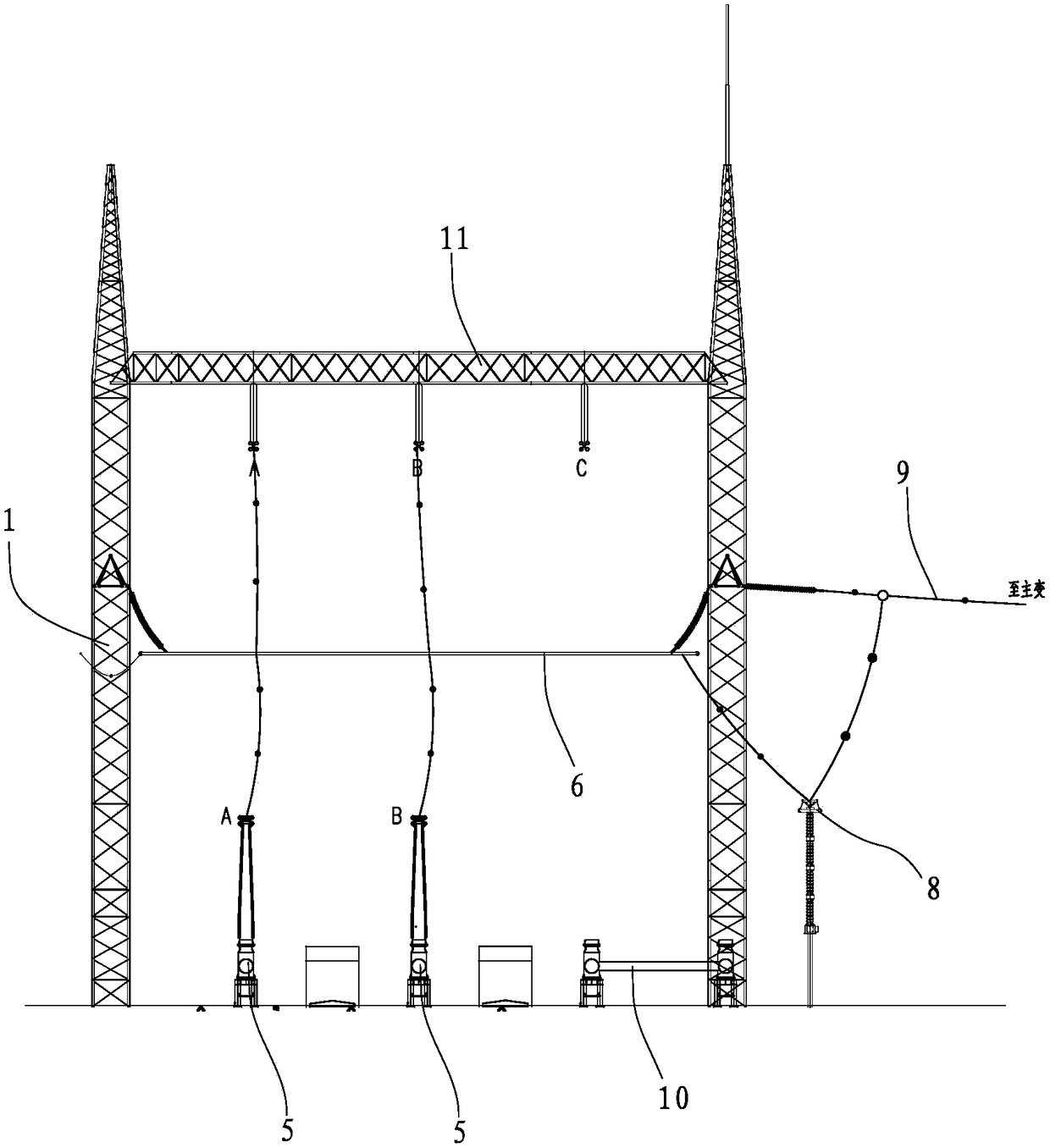 A power distribution device with main transformer low frame crossing