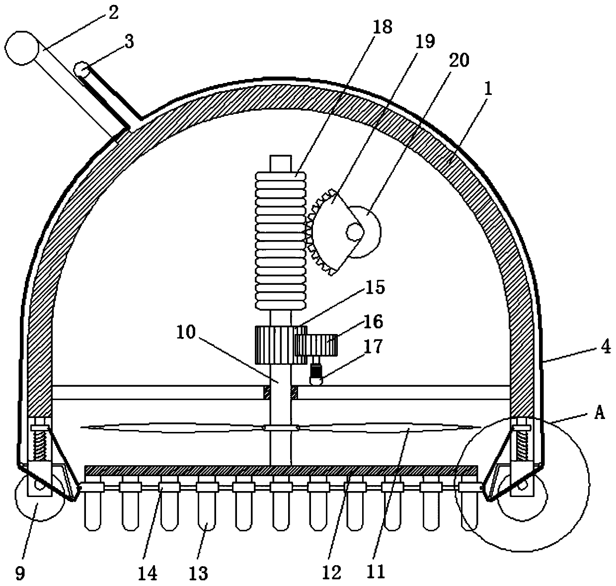 Cutting height adjustment based comb weeding device for stone-bearing ground