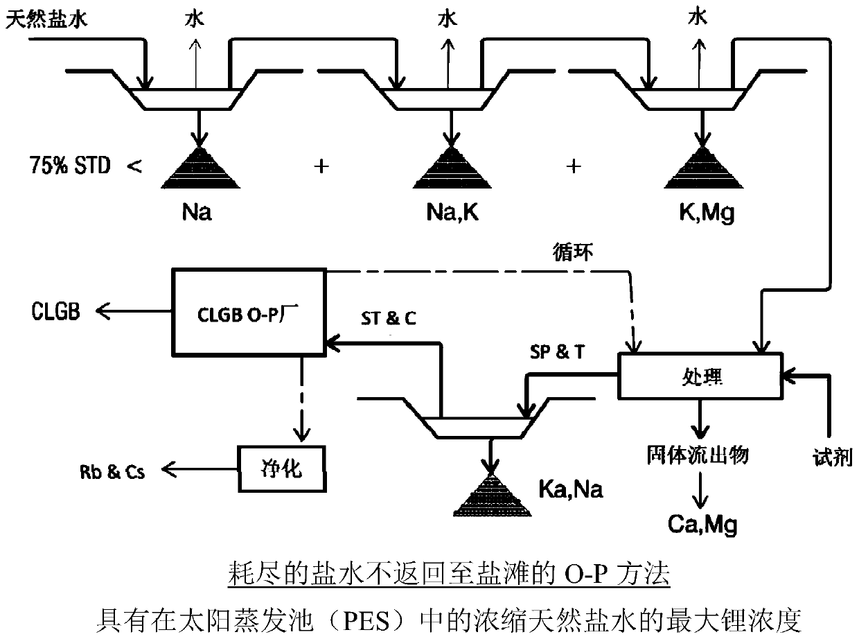 Method for obtaining concentrated brine of minimum impurity content from brine found in natural salt flats and salt marshes, said method having minimum environmental impact and maximum lithium recovery