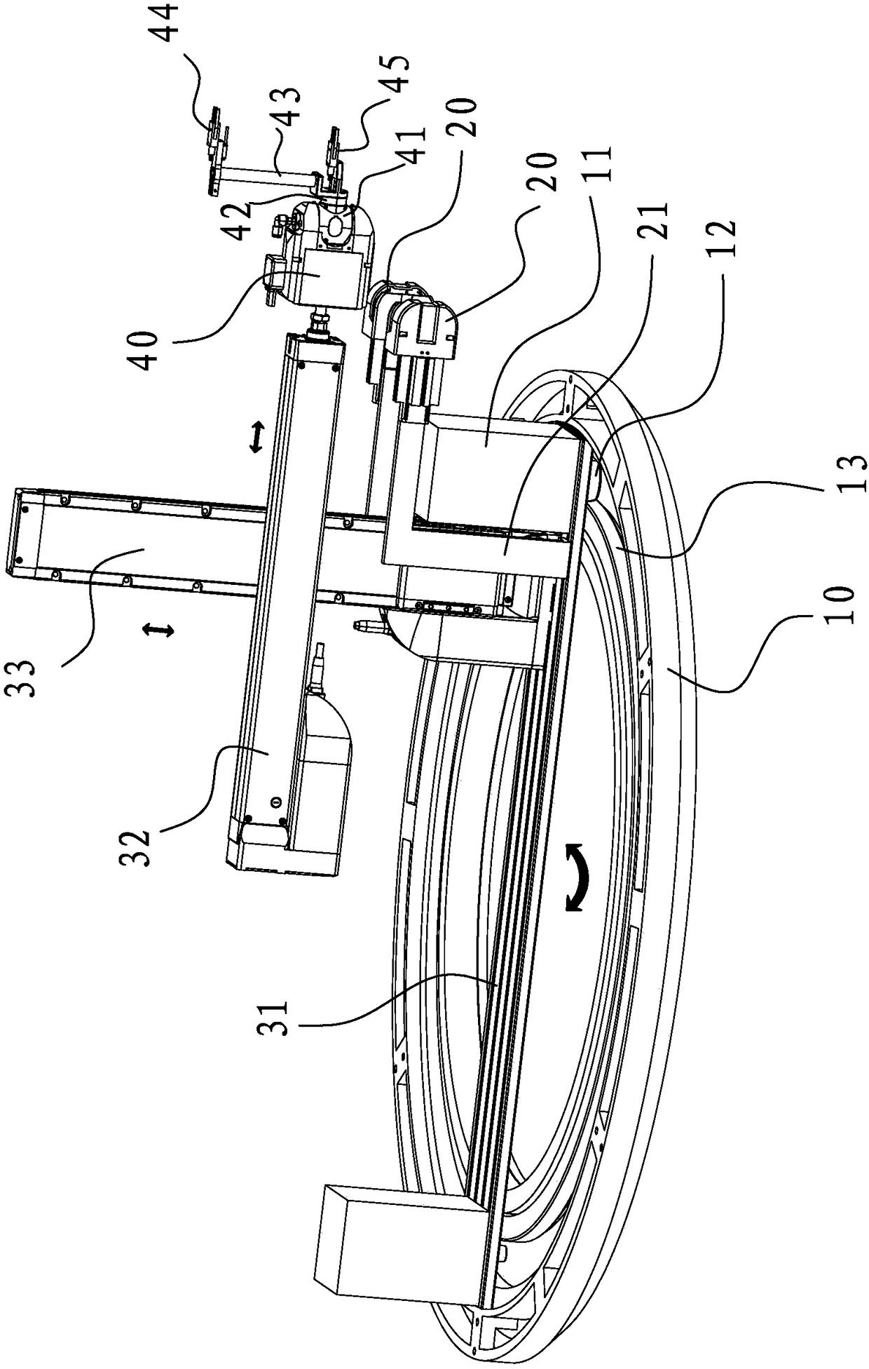 Circular weft knitting machine with cylindrical coordinate robot