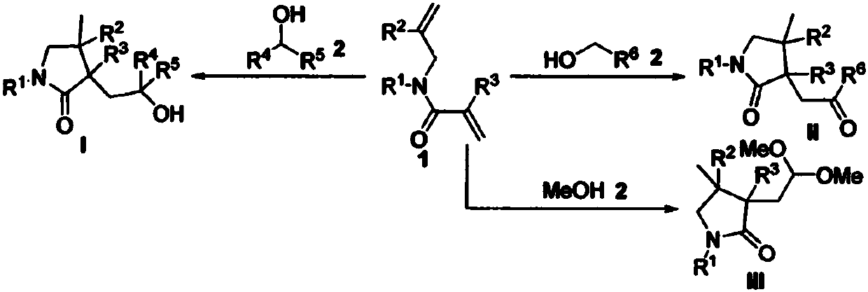 Free radical reaction method of 1, 6-diene and alcohol in additive-free system