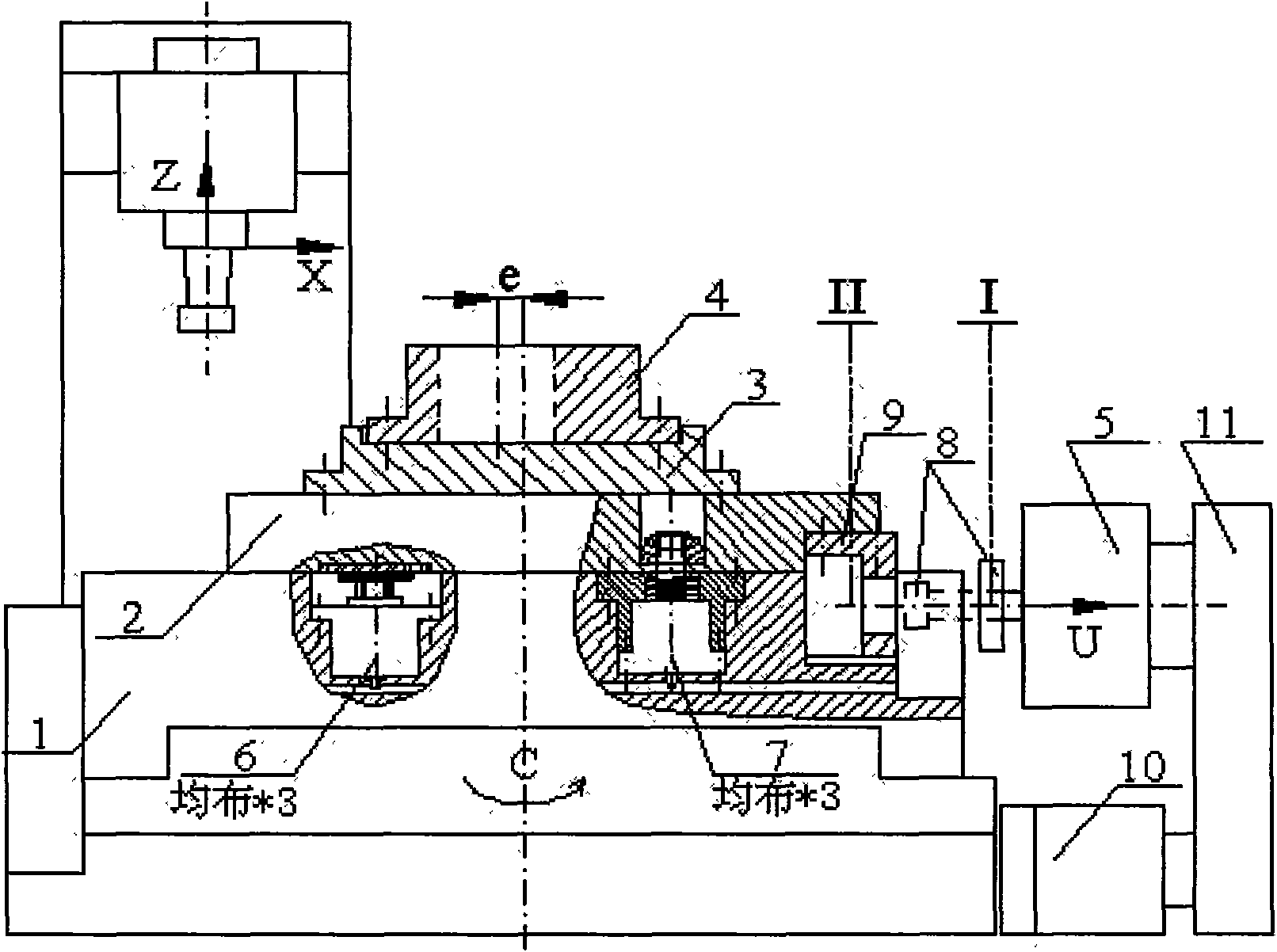 Eccentricity adjusting method and device for vertical numerically controlled grinder to process eccentric orifice