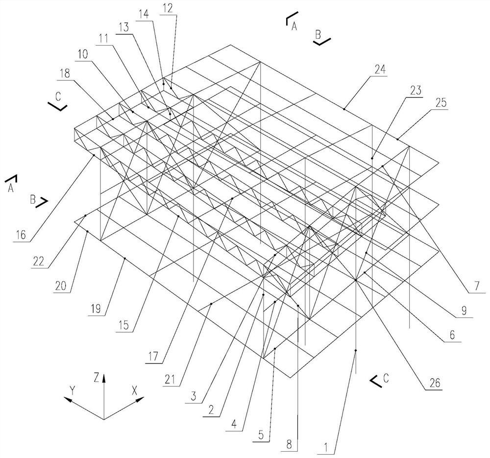 Multi-layer full-height large-space cantilever truss structure with embedded orthogonal small trusses and application