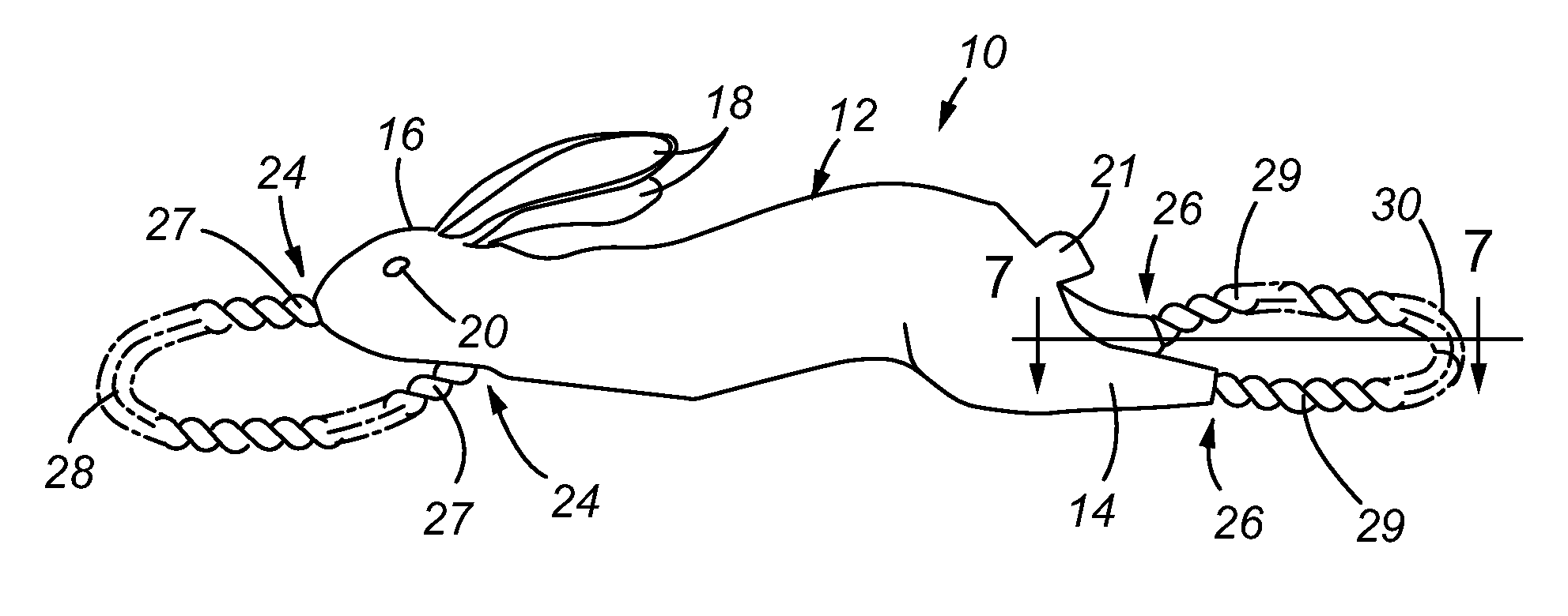 Pet toy with flexible body and rope support configurations