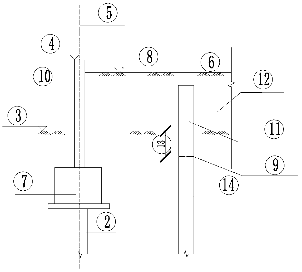 Secondary pile splicing construction method and terrace structure thereof