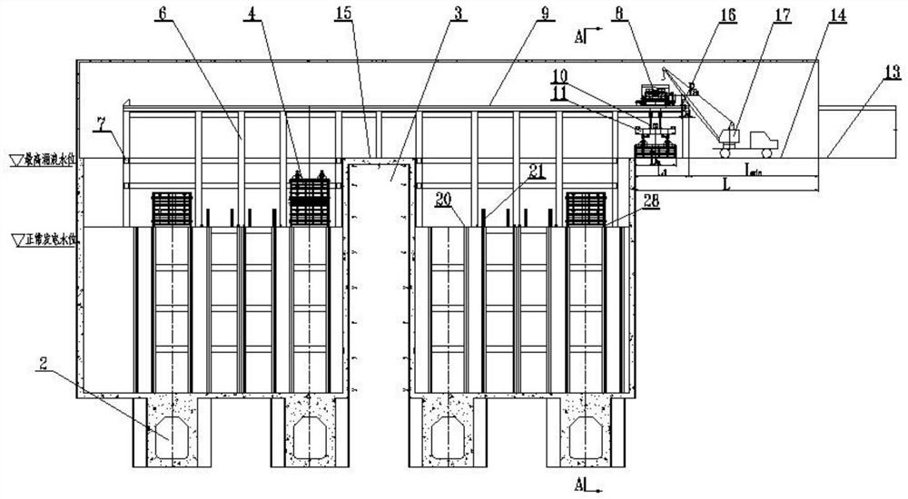 Arrangement and installation method and structure of tail water surge shaft gate and opening and closing equipment