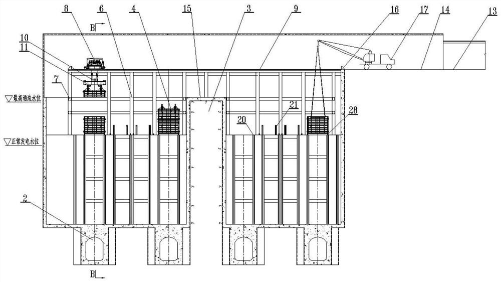 Arrangement and installation method and structure of tail water surge shaft gate and opening and closing equipment