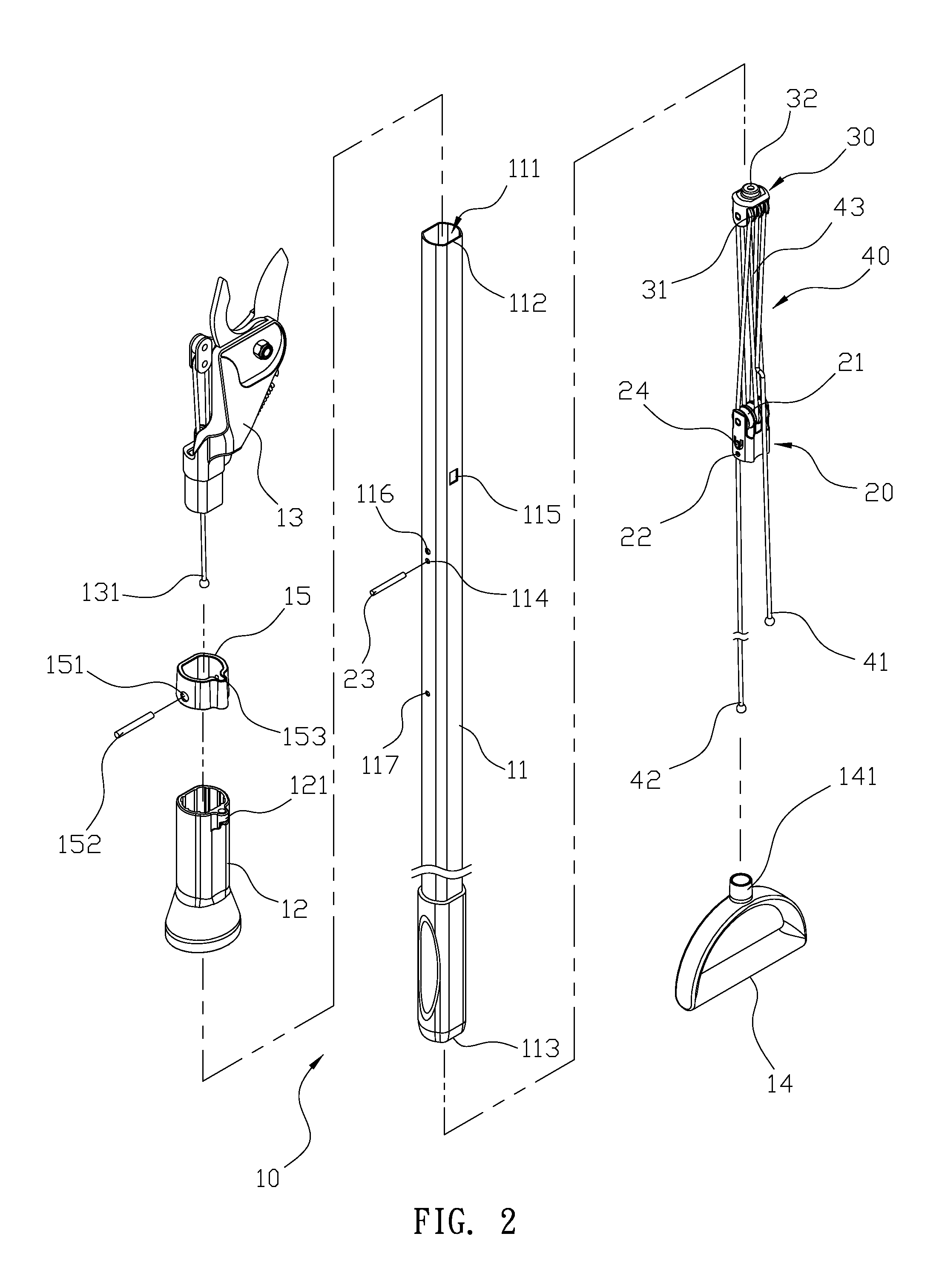 Rope-controlled structure for extended reach garden shears