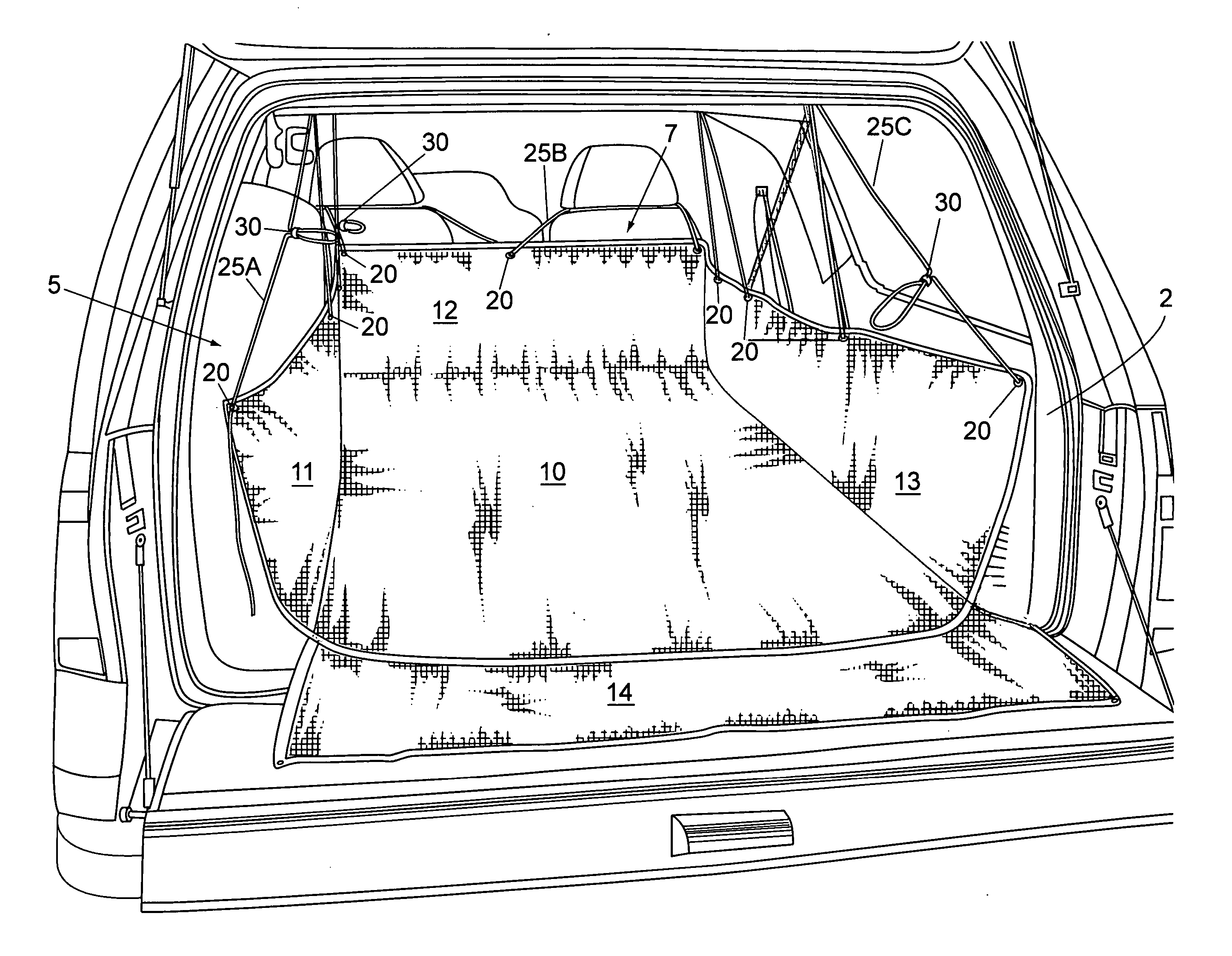 Flexible adjustable cargo area liner for station wagons, minivans and sport utility vehicles