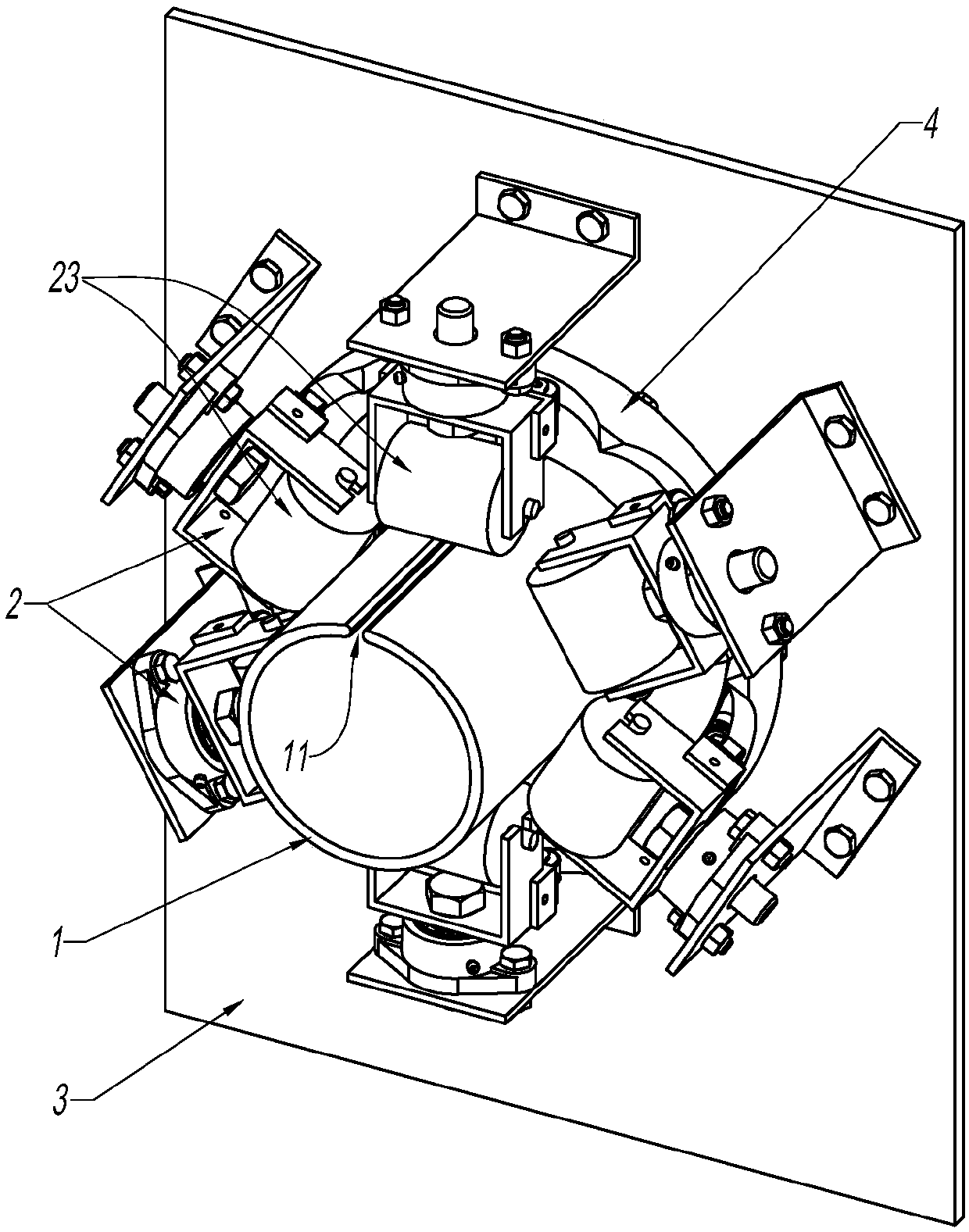 Self-adaptation deviation adjusting device of tubular belt conveyor